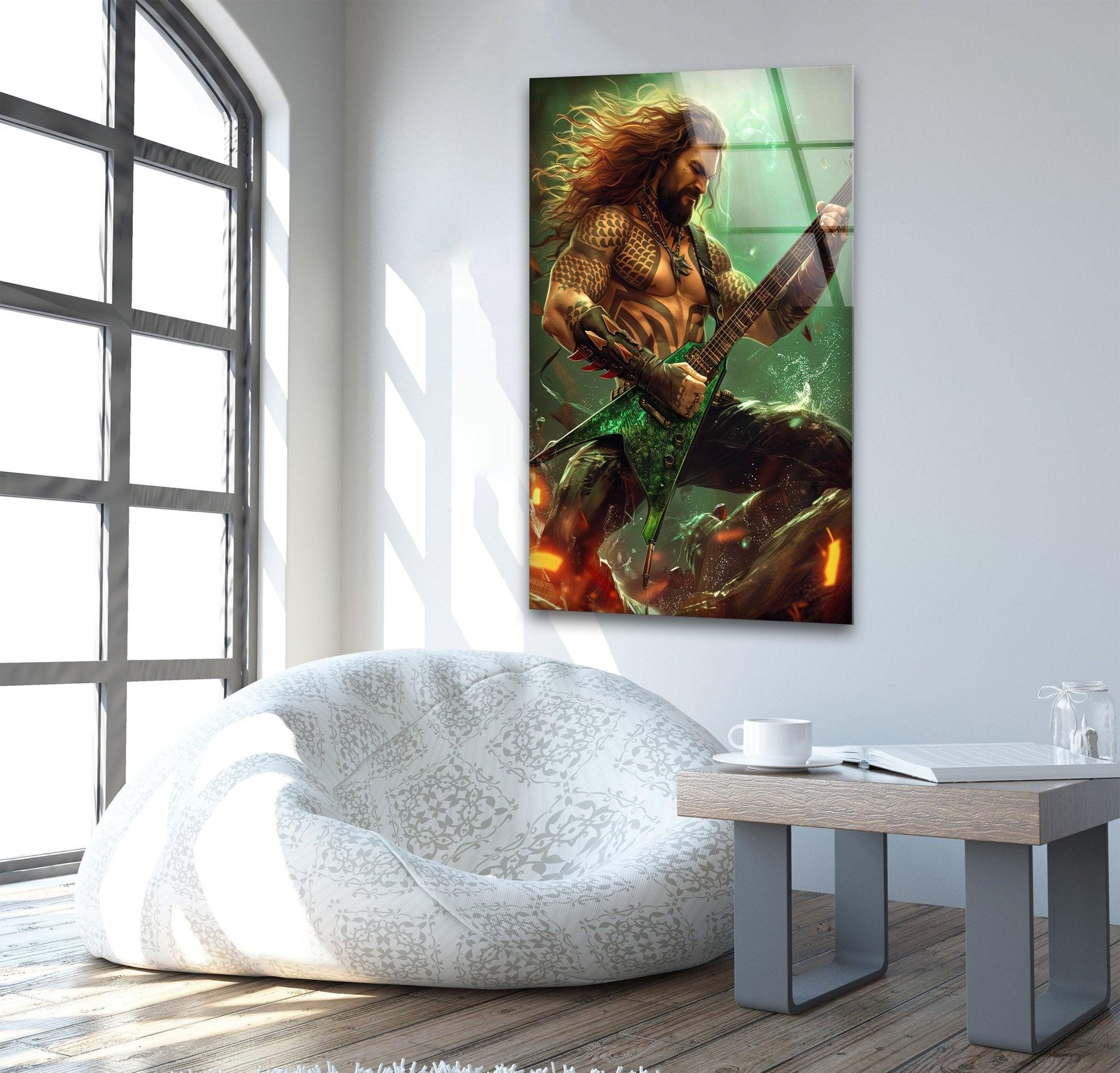 Aquaman Guitarist Glass Wall Art - Handmade Superhero Decor for Living Room, Bedroom & Office - Unique DC Comics Inspired Gift for Fans & Collectors
