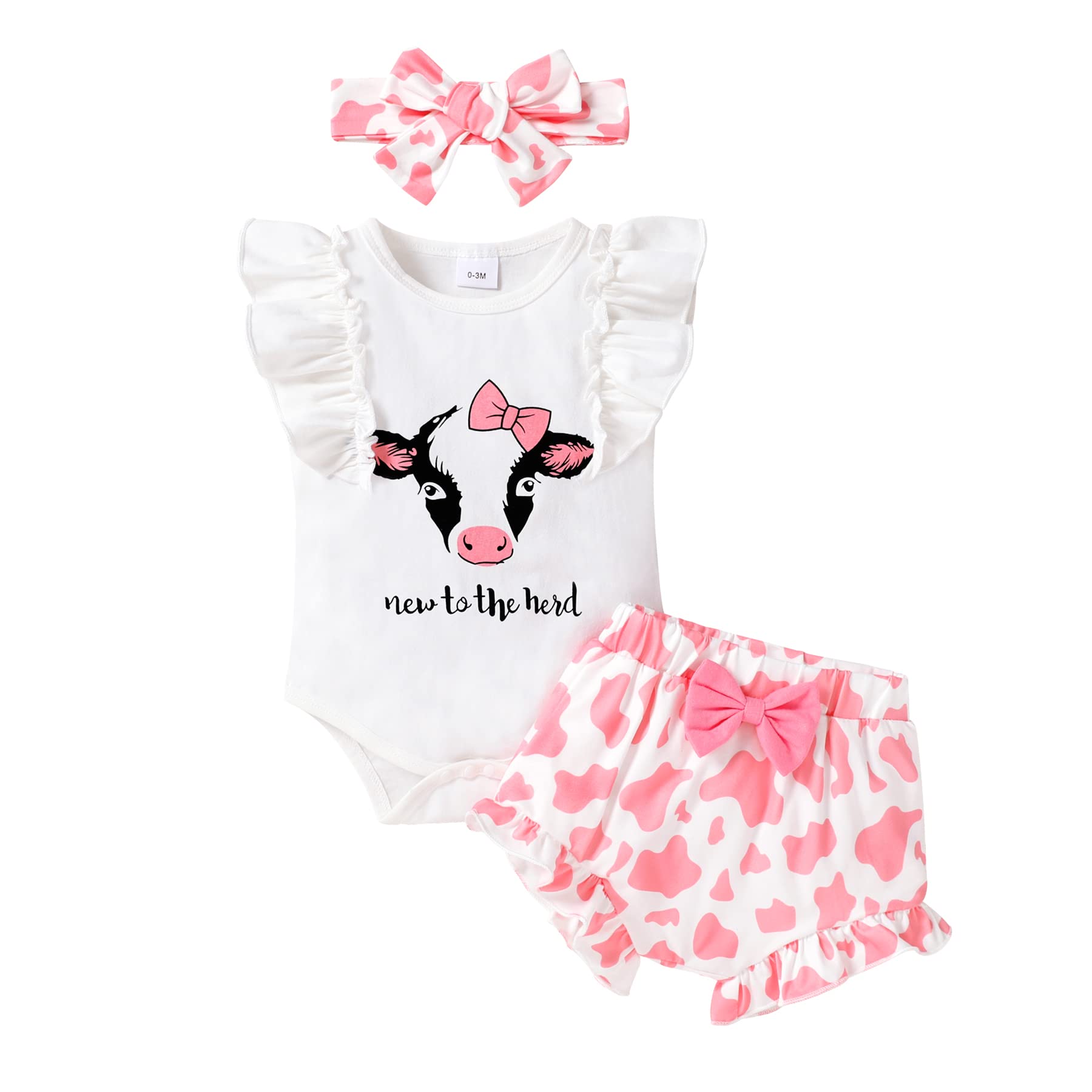 YOUNGER TREE Newborn Baby Girl Outfit Set - Floral Ruffle Romper with Cow Print Shorts & Headband | Summer Baby Clothes for Photoshoots, Parties & Daily Wear