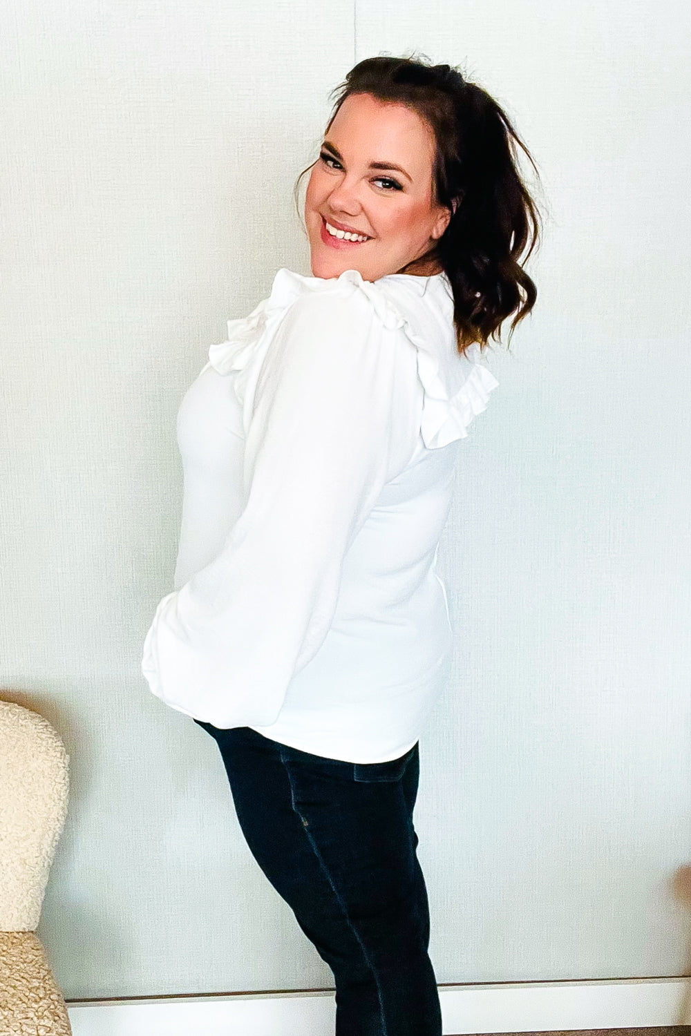 Eyes On You Ivory Ribbon Tie Bow Square Neck Ruffle Bubble Sleeve Blouse for Women - Elegant Party Top for Date Night, Wedding Guest Outfit & Office Wear