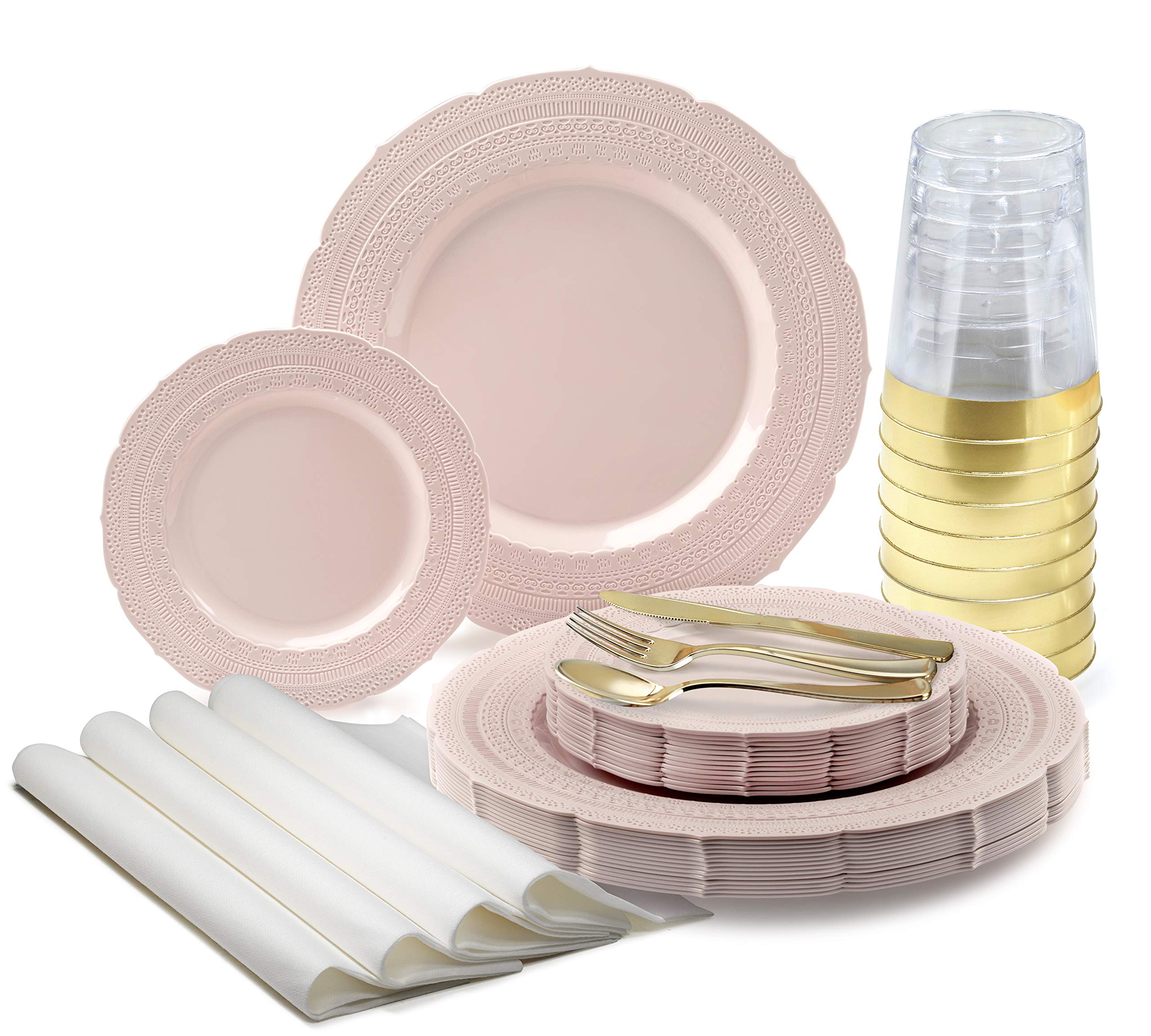 840-Piece Heavyweight Disposable Plastic Wedding Plate Set - 120 x 11'' Dinner Plates, 120 x 7'' Dessert Plates, Gold Silverware, Cups & Napkins (Blush/Dusty Rose Pink) - Perfect for Weddings, Bridal Showers, Baby Showers & Elegant Parties
