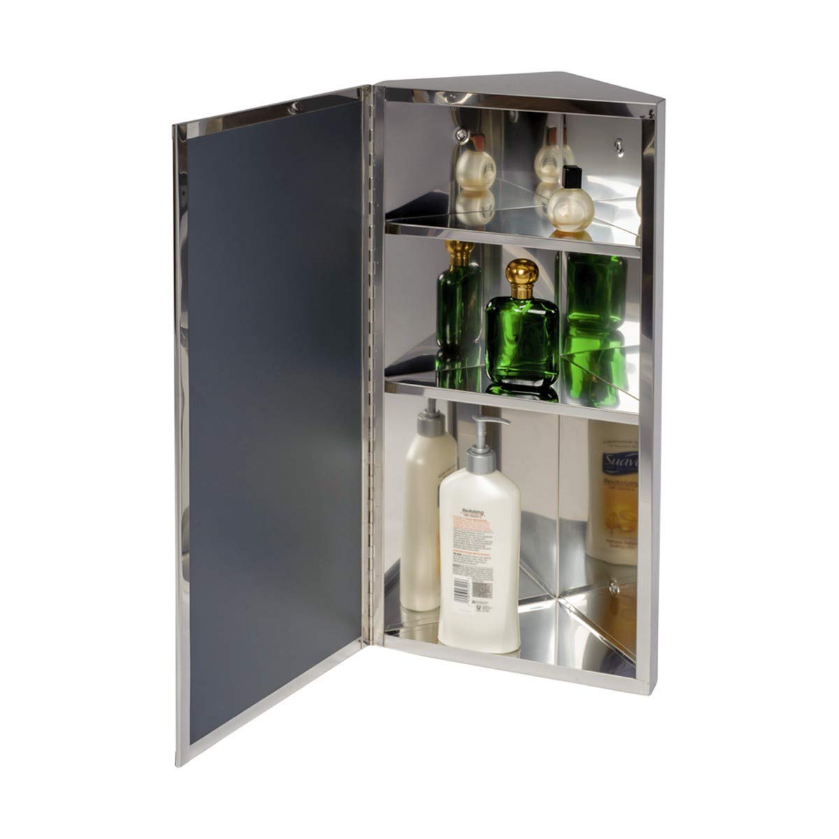 Renovators Supply Infinity Corner Medicine Cabinet with Mirror - Triple Shelf Storage, Modern Wall Mount Bathroom Cabinet - 23.6 Inch Right Opening, Polished Stainless Steel (1 Pack) | Perfect for Small Bathrooms, Apartments & Vanity Organization