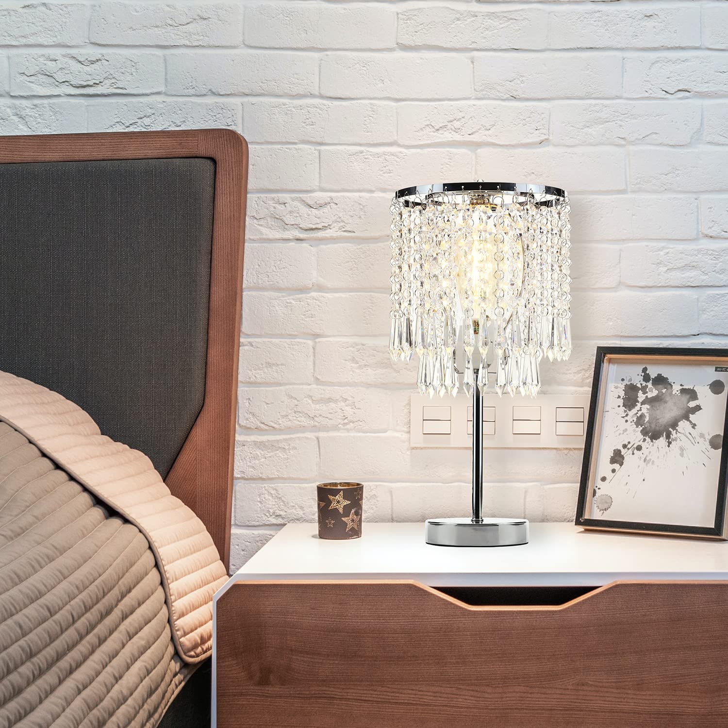 KUNJOULAM Silver Chrome Crystal Bedside Table Lamp - Modern Nightstand Lamp with Crystal Lampshade for Bedroom, Living Room, Office & Dining Room | Elegant Lighting for Home Decor, Reading Nook & Workspace