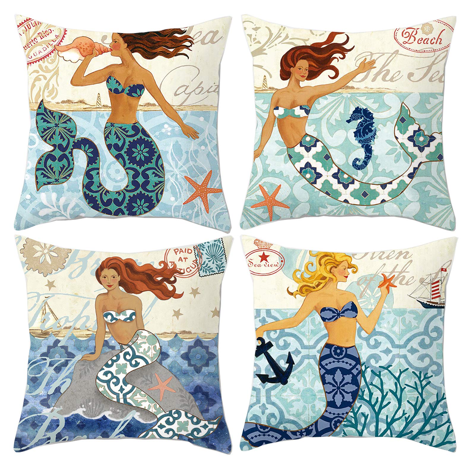 HOSTECCO Set of 4 Ocean Theme Mermaid Nautical Throw Pillow Covers - 22x22 Inch Coastal Mediterranean Style Decorative Cushion Covers for Living Room, Bedroom, Sofa Decor