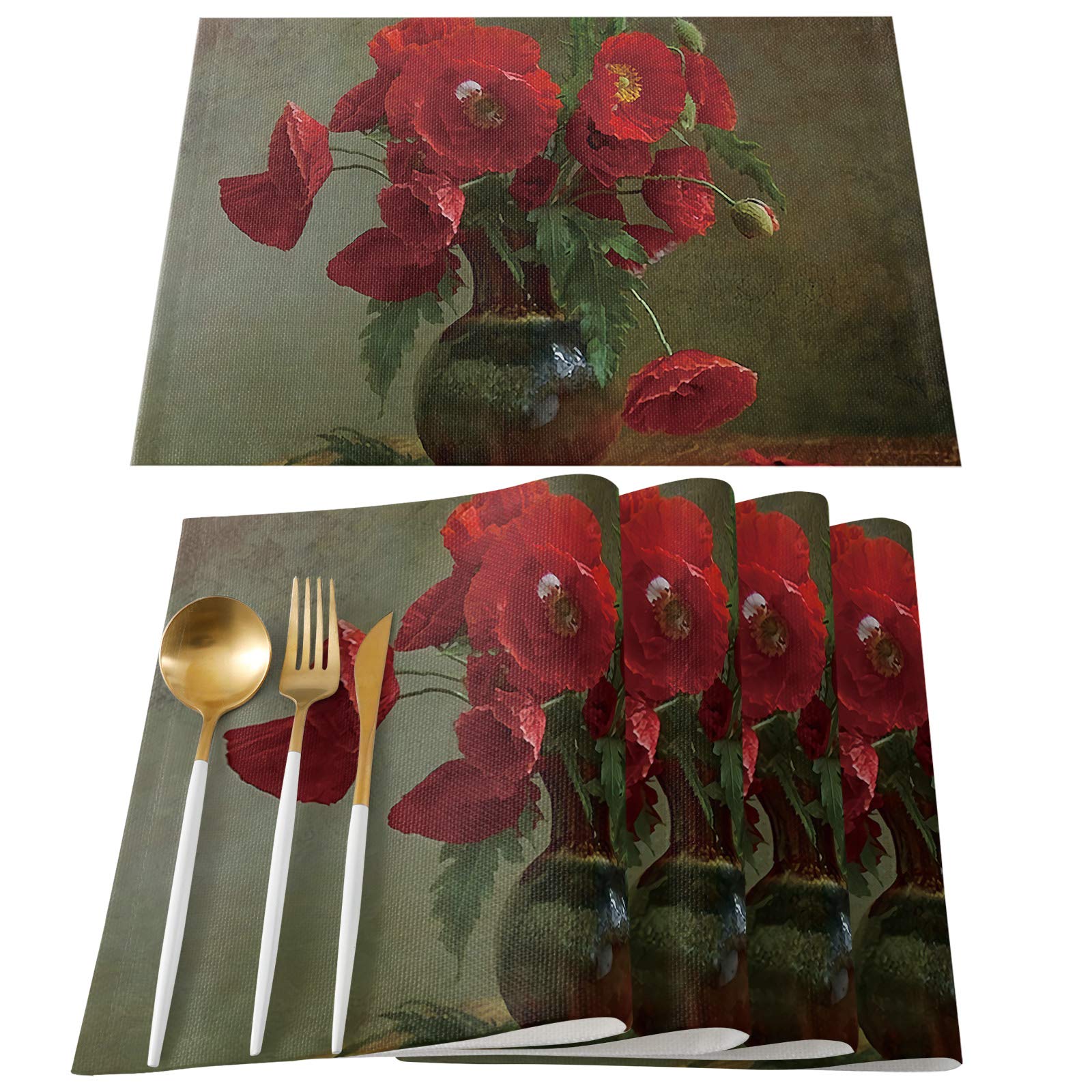 Vintage Poppy Flower Round Table Placemats Set of 4 - Non-Slip Heat Resistant Washable Kitchen & Dining Mats - Perfect for Family Meals, Dinner Parties & Daily Use - Ideal for Women, Men & Kids