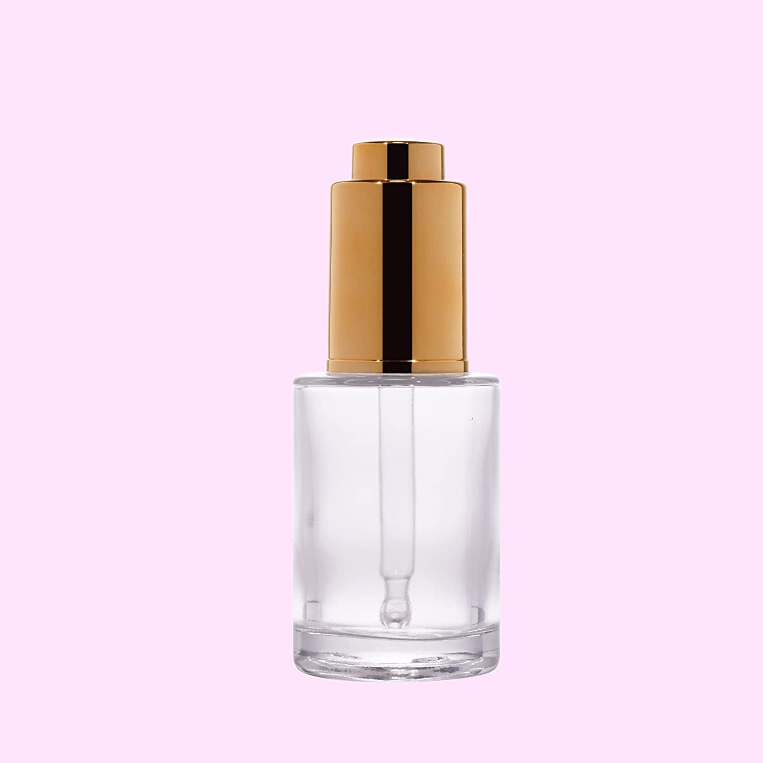 30ml Clear Round Flat Neck Glass Bottle with Glass Dropper & Gold Button Pump - Essential Oil, Perfume, DIY Skincare Container - Perfect for Aromatherapy, Travel, Gifts