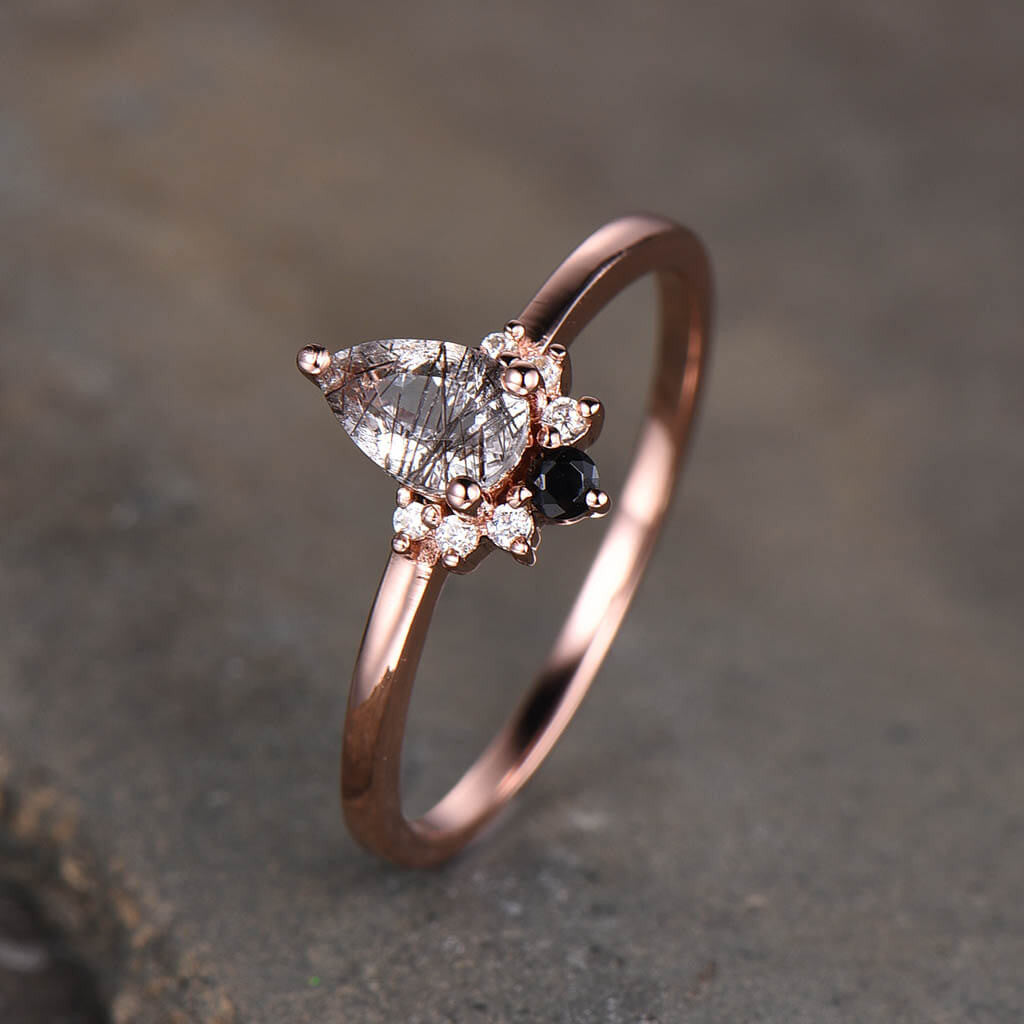 14K/18K Gold Black Rutilated Quartz Diamond Engagement Ring for Women - Elegant Wedding Band, Promise Ring, Anniversary Gift for Her