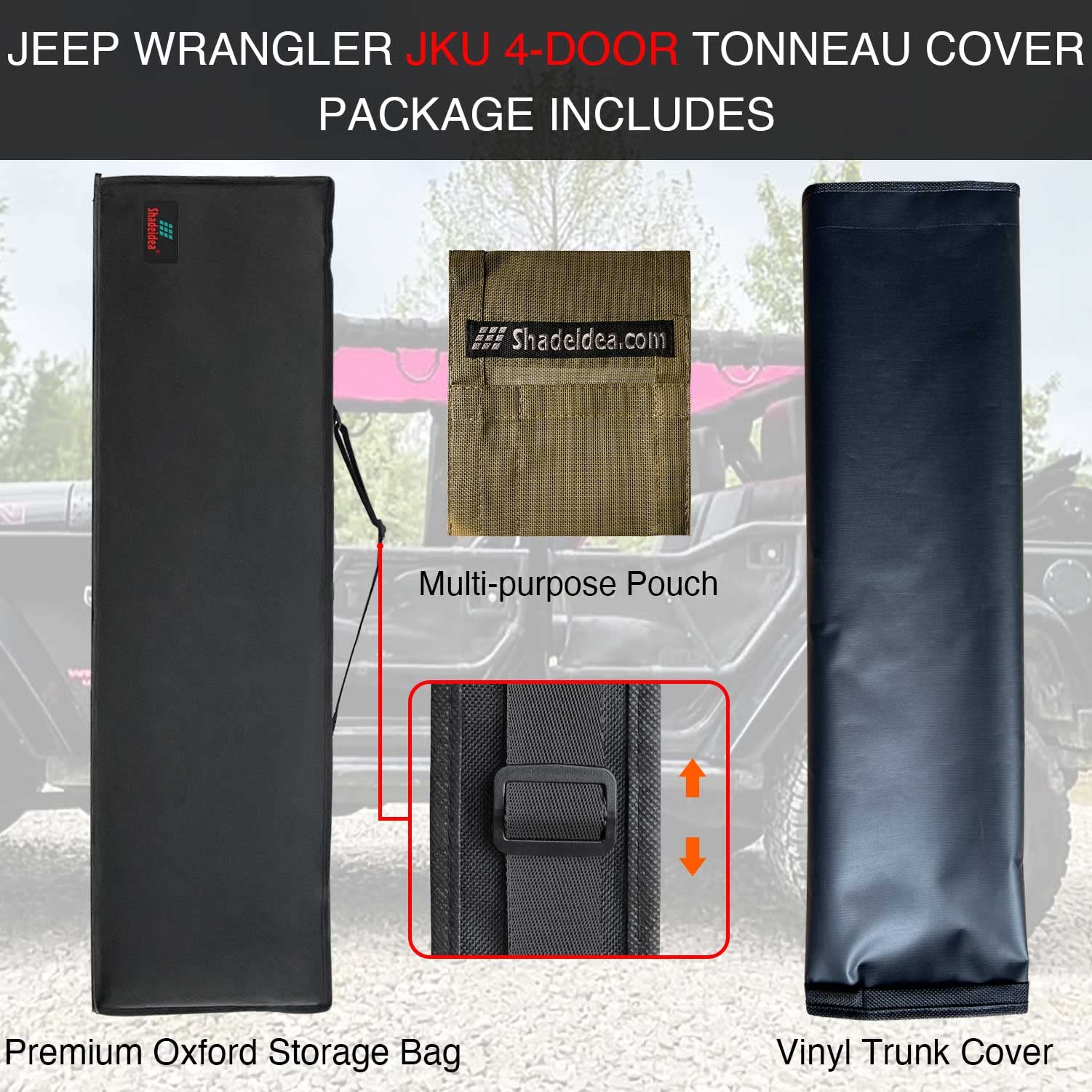 Shadeidea JK Cargo Cover for Jeep Wrangler JKU (2007-2018) 4-Door - Black Tonneau Cover with White Vinyl Offroad Tread Tailgate - Durable 3-Year Protection | Perfect for Offroading, Camping & Outdoor Adventures