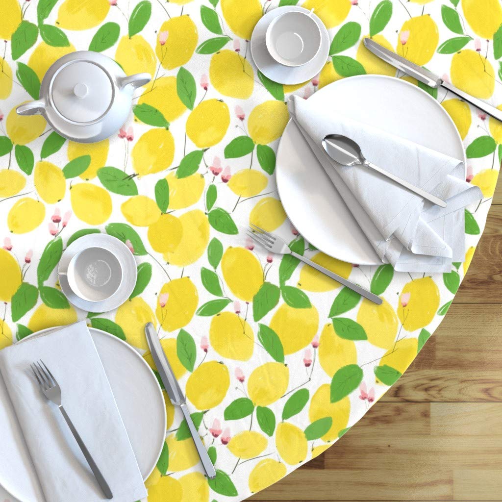Lemonade Time Lemon Summer Fruit Citrus Tree Leaves Yellow Print Cotton Sateen Tablecloth - 70 Inch Round Custom Table Linens for Dining Room, Kitchen, and Outdoor Picnic Decor
