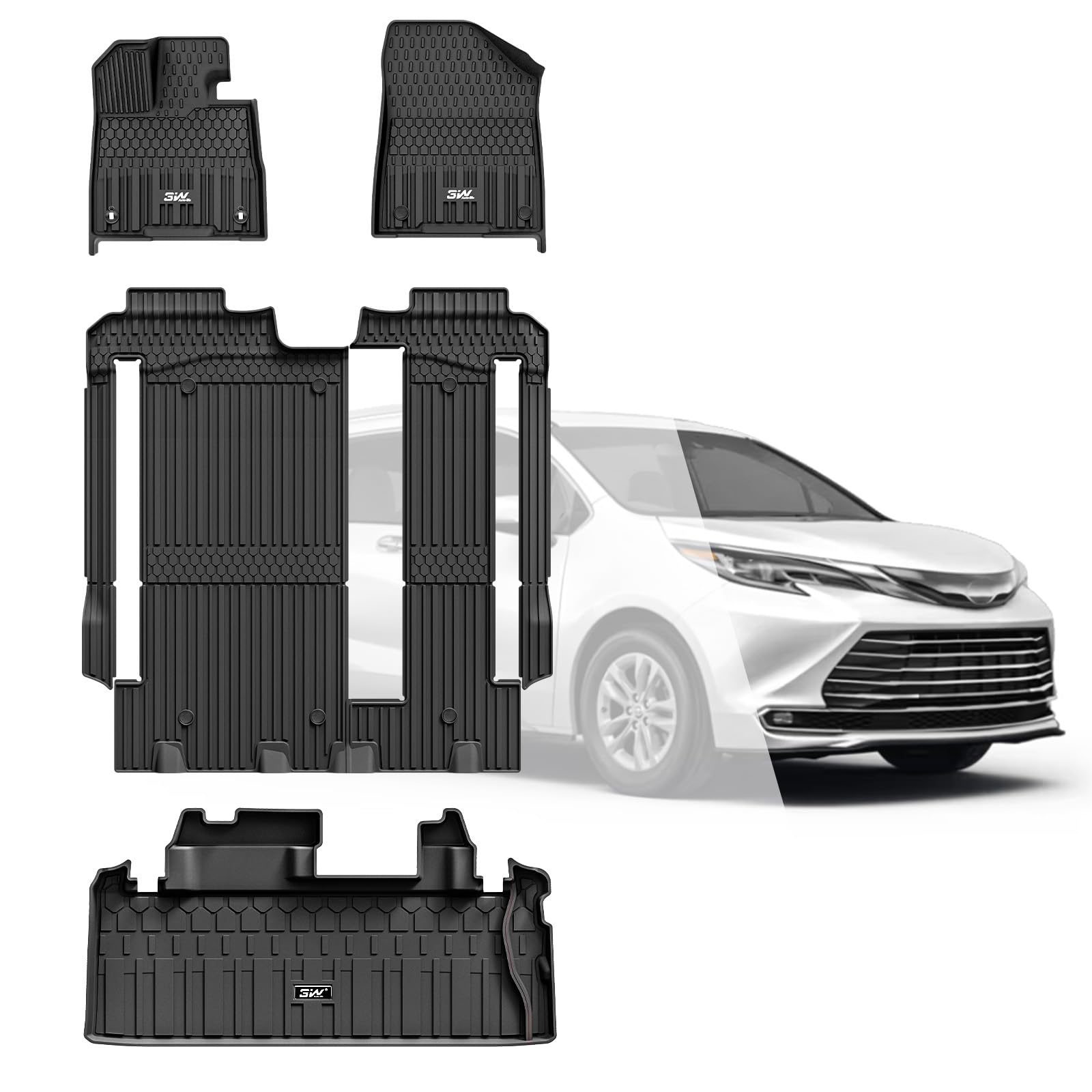 3W Custom Fit All-Weather TPE Floor Mats & Cargo Liner for Toyota Sienna 2021-2025 (8 Seater) - 1st, 2nd, 3rd Row & Trunk Protection - Durable Black Car Floor Liners for Rain, Snow, Mud & Everyday Use