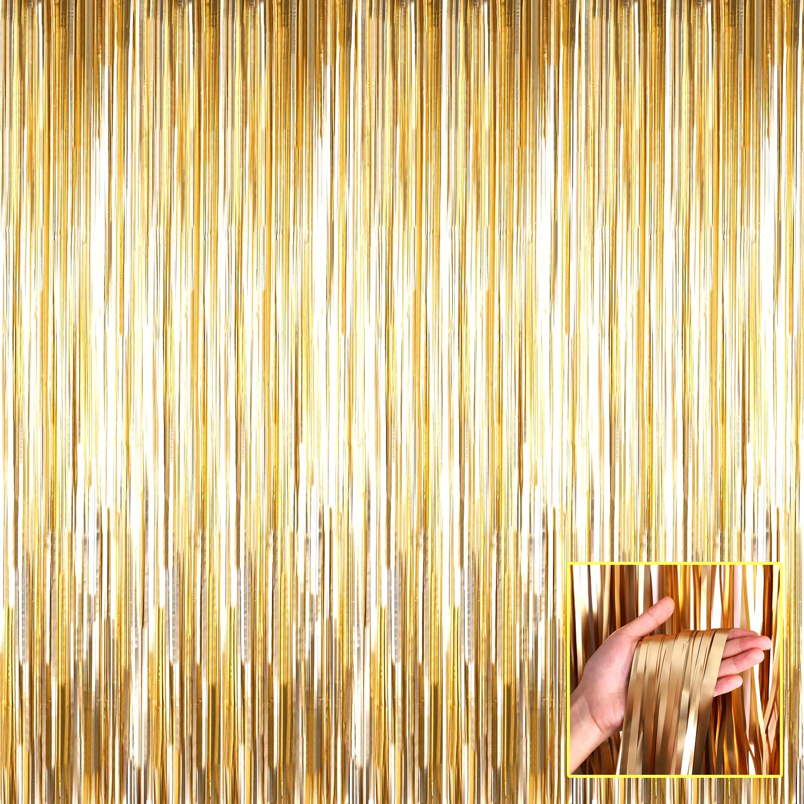4 Pack Champagne Gold Foil Fringe Curtain Backdrop - 3.28Ft x 6.56Ft Metallic Tinsel Streamers for Wedding, Party, Holiday Decorations | Perfect for Birthday, Christmas, Halloween & Thanksgiving Celebrations