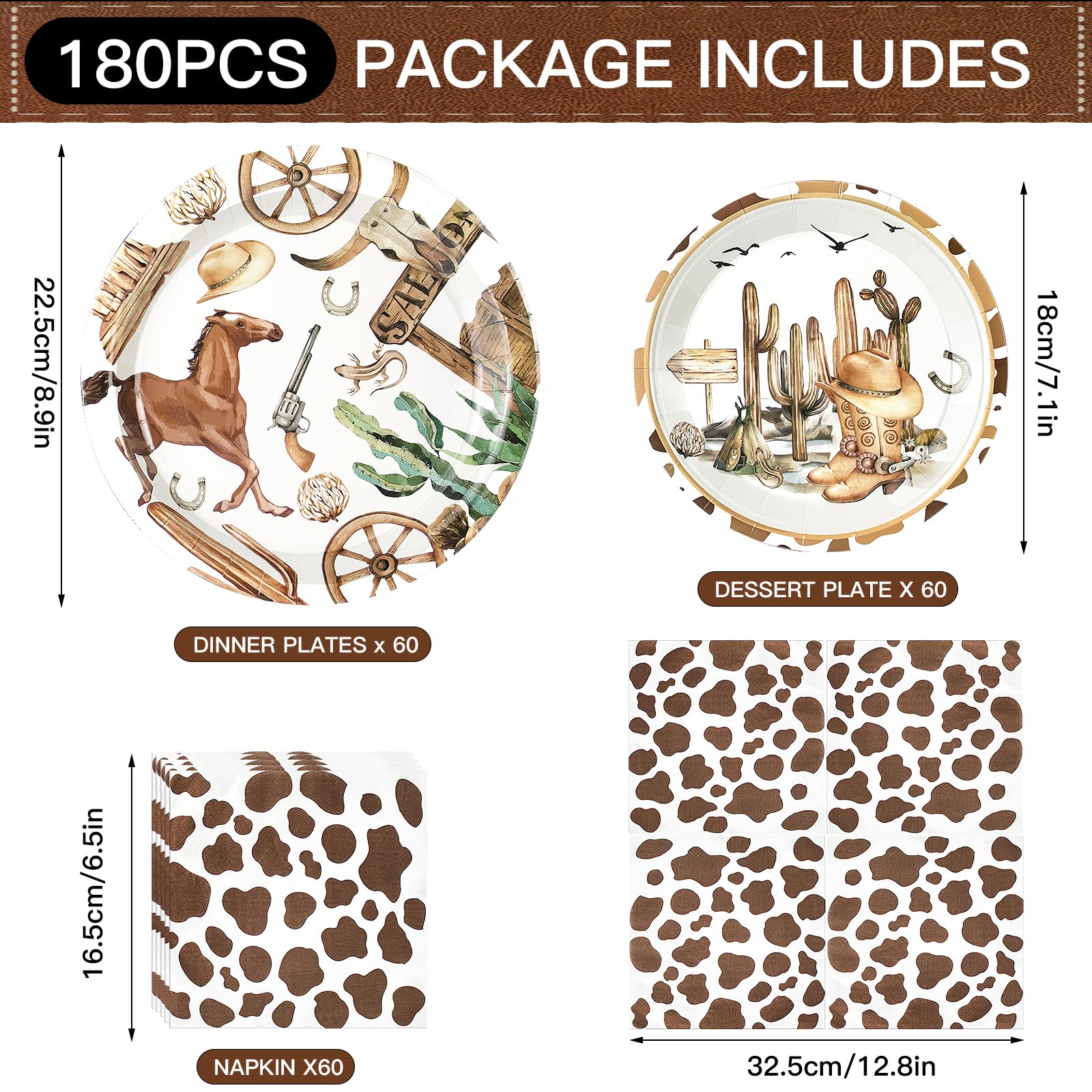 180-Piece Cowboy Party Supplies Set for 60 Guests - Western Themed Paper Plates, Napkins & Decor Kit for Wild West Rodeo, Birthday, Baby Shower | Includes Dinner Plates, Dessert Plates & Napkins | Perfect for Cowboy-Themed Parties, Western Events & Ranch Celebrations