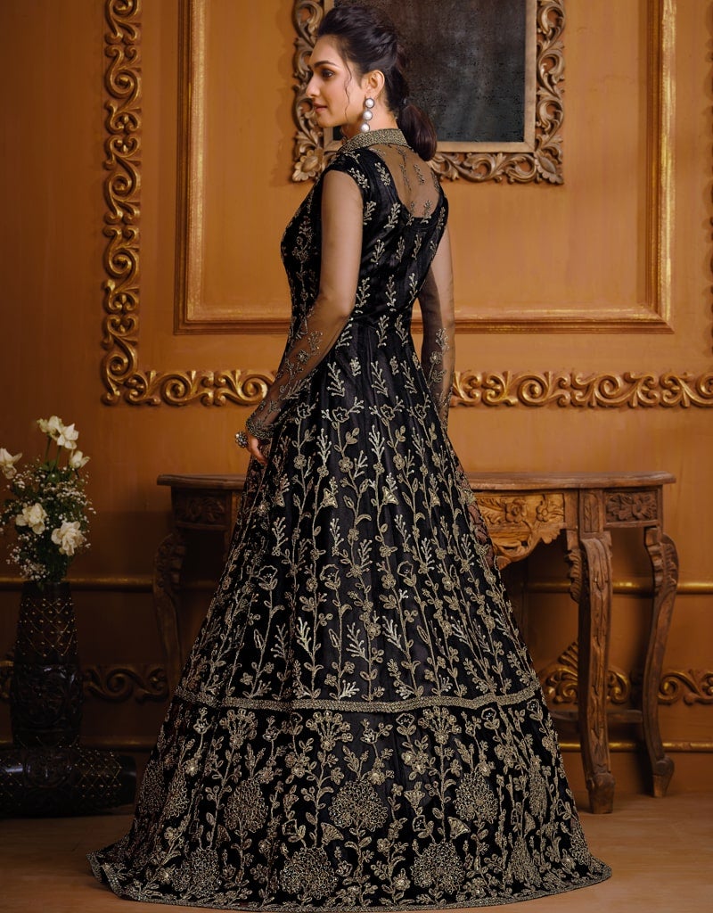 Elegant Black Pant Style Anarkali Dress with Soft Net Fabric - Perfect for Weddings, Parties & Festive Occasions