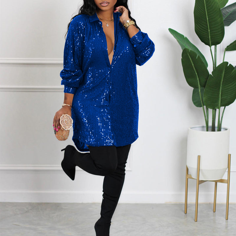Elegant Solid Color Sequined Loose Shirt Dress for Women - Perfect for Parties, Weddings & Evening Events