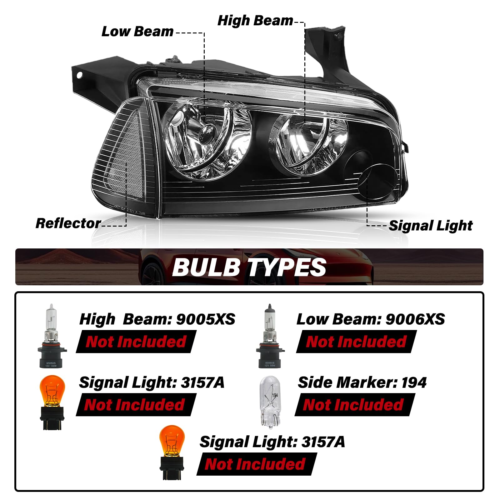 Bingbingmotor Headlight Assembly for 2006-2010 Dodge Charger - Black Housing & Clear Reflector - Left & Right Side Replacement - Perfect for Night Driving and Foggy Conditions