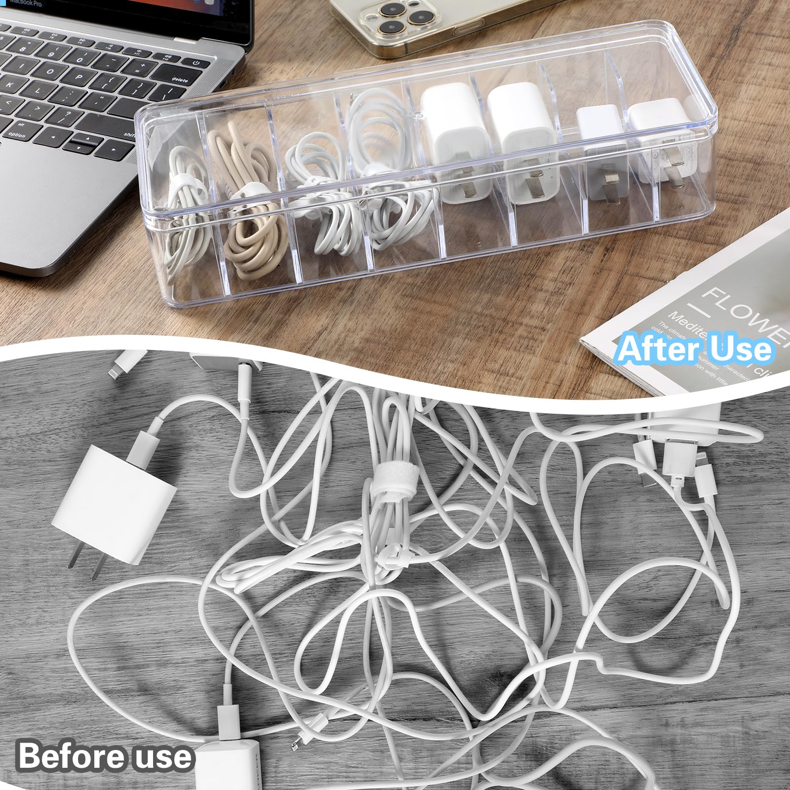 4-Pack Large Clear Plastic Cable Organizer Box with Lid & 20 Wire Ties - Cord Storage Solution for Electronics, Chargers, Home Office & Desk Organization - Perfect for TV Wires, Computer Cables & Charging Stations