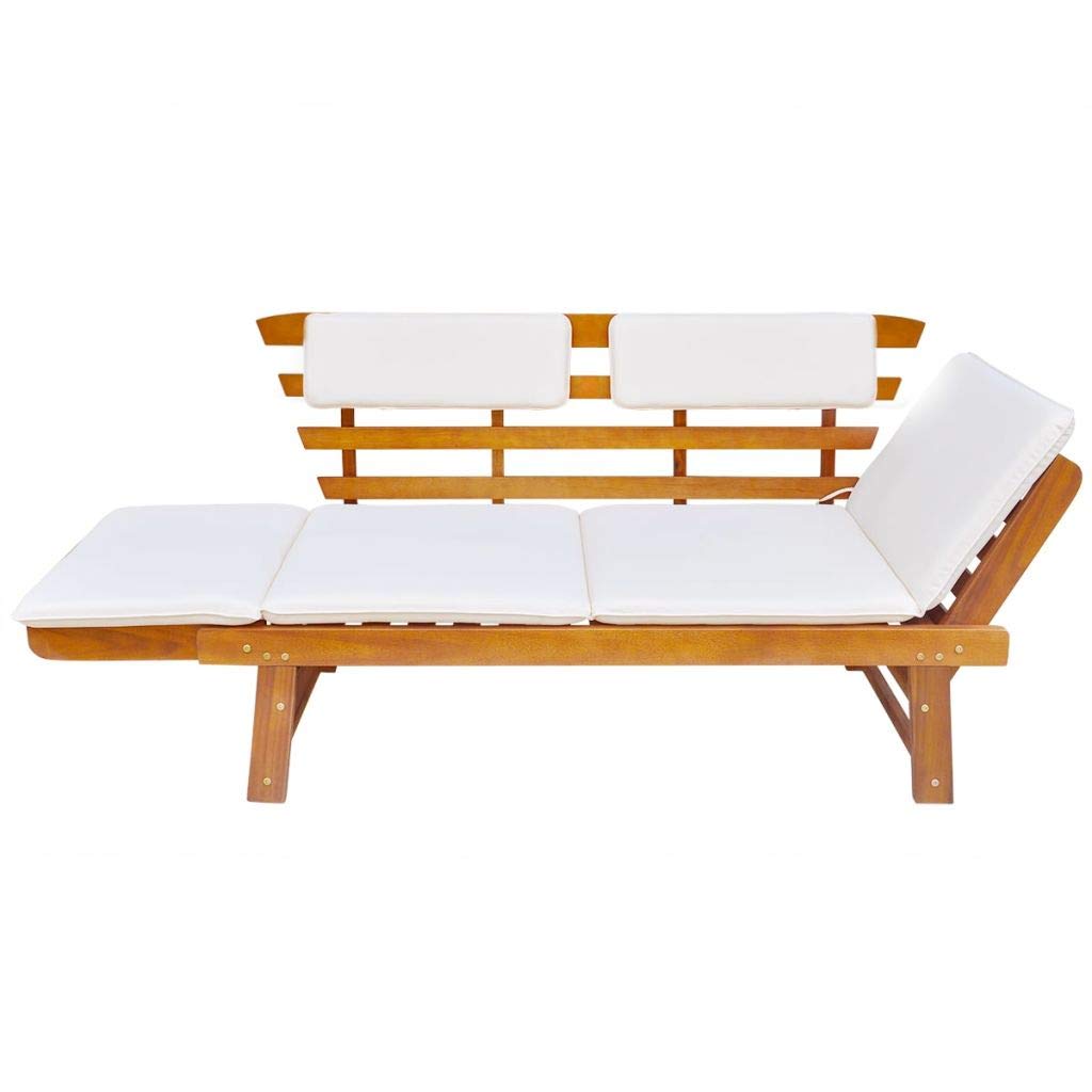 **Outdoor Patio Sun Bed with Cushion - Solid Acacia Wood Convertible Chaise Lounger, Daybed & Sofa Bed - Folding Lounge Bench for Porch, Courtyard, Poolside & Backyard Relaxation**