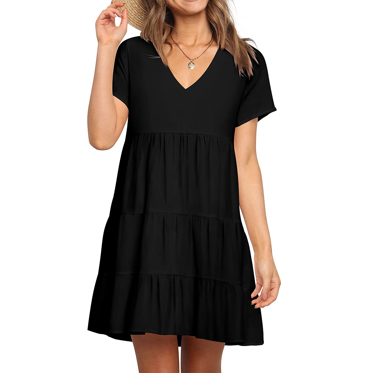 NODPAN Women's Floral Print Swing Shift Dress - Short Sleeve V-Neck High Waist Layered Mini Dress for Casual Outings, Summer Parties & Date Nights