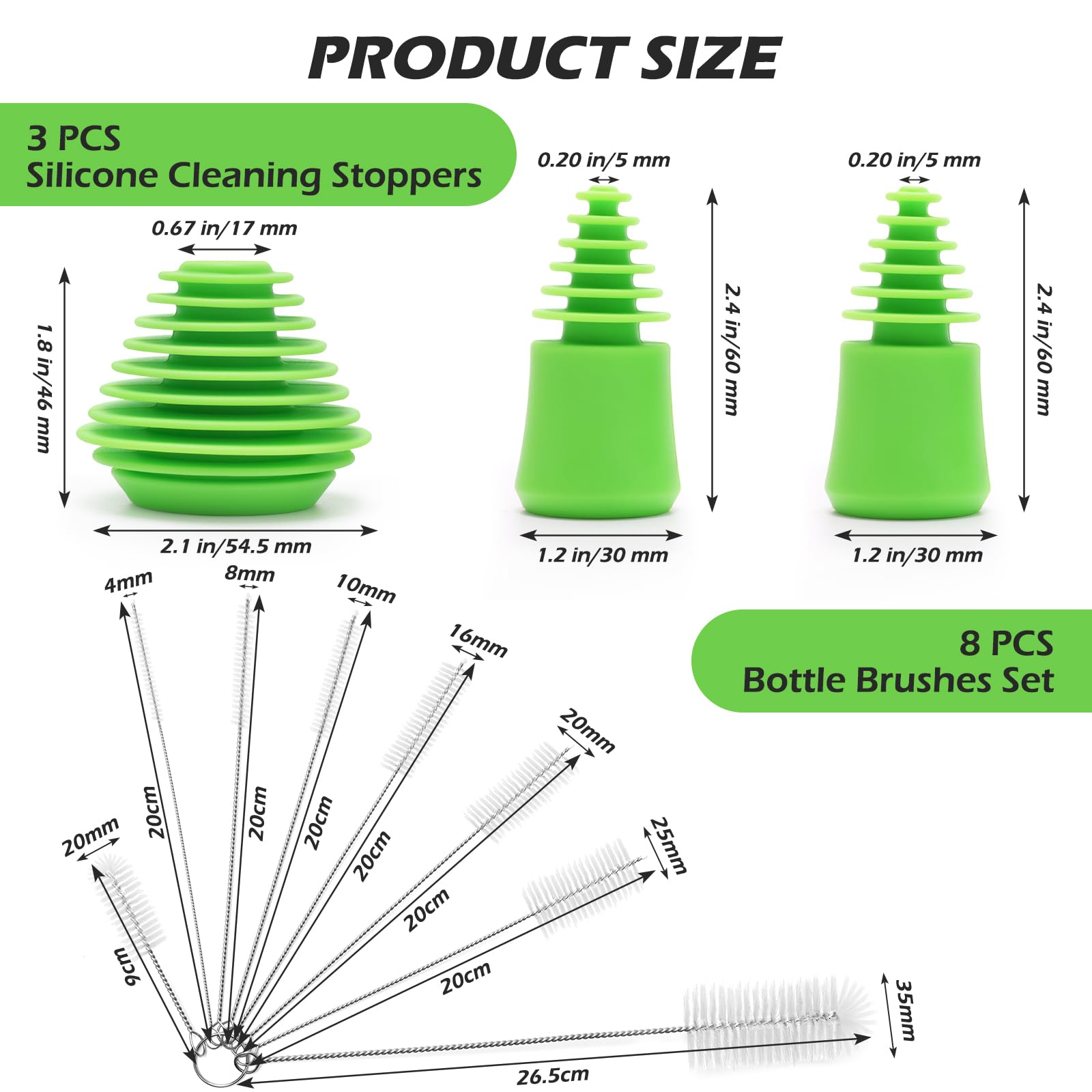 Silicone Cleaning Plugs & Brushes Set for Glass Pipes - 3 Stoppers & 8 Brushes (Green) - Perfect for Cleaning & Storing Water Pipes