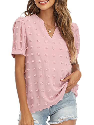 Women's V-Neck Puff Short Sleeve Blouse - Flowy Summer Tops for Casual Wear, Date Night & Office Outfits