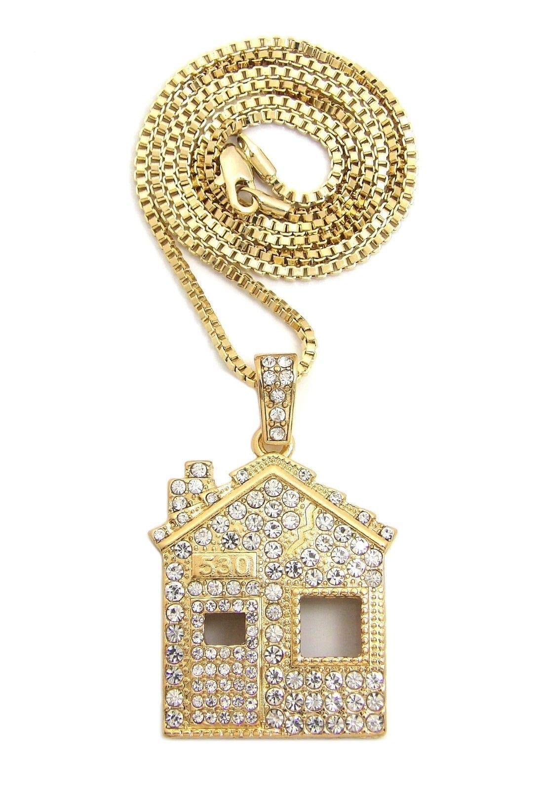 Shiny Jewelers USA Men's Iced Out Offset Trap House Hip Hop Pendant Box with Rope Cuban Chain Necklace - Perfect for Streetwear, Hip Hop Fashion & Gift Giving