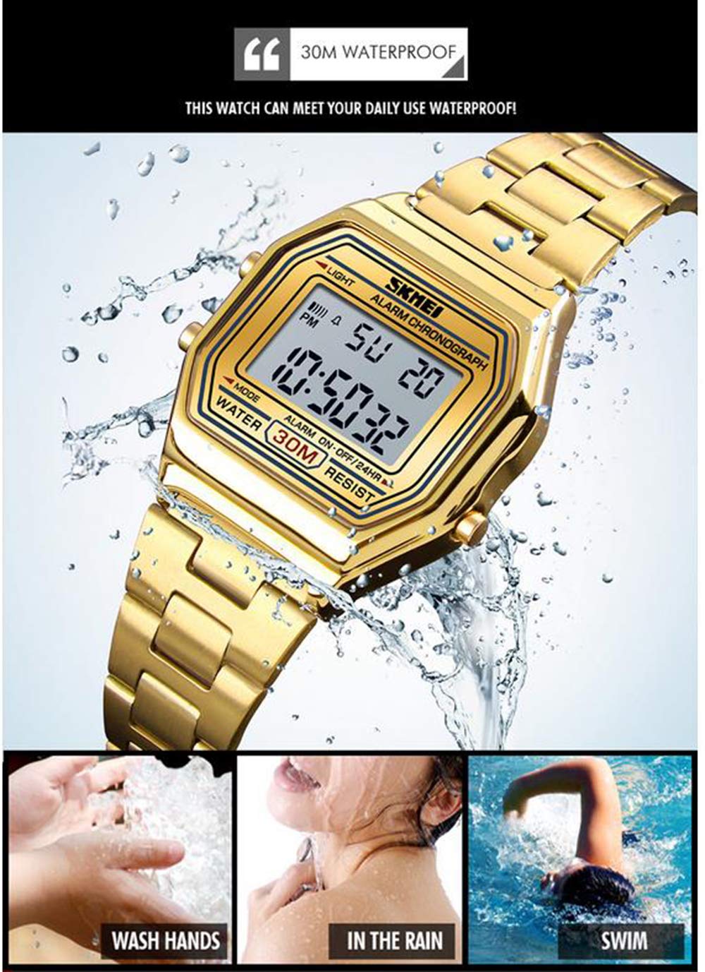 Women's Digital Watch - Thin Gold Stainless Steel LED Sports Watch with Backlight, Timer, Waterproof & Alarm Clock | Perfect for Running, Swimming & Everyday Wear (Gold)
