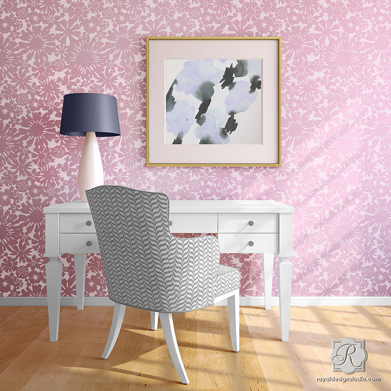 Floral Fireworks Allover Wall Stencil - DIY Home Decor Painting Template for Bedroom, Living Room, Nursery | Reusable Wall Art Design Tool