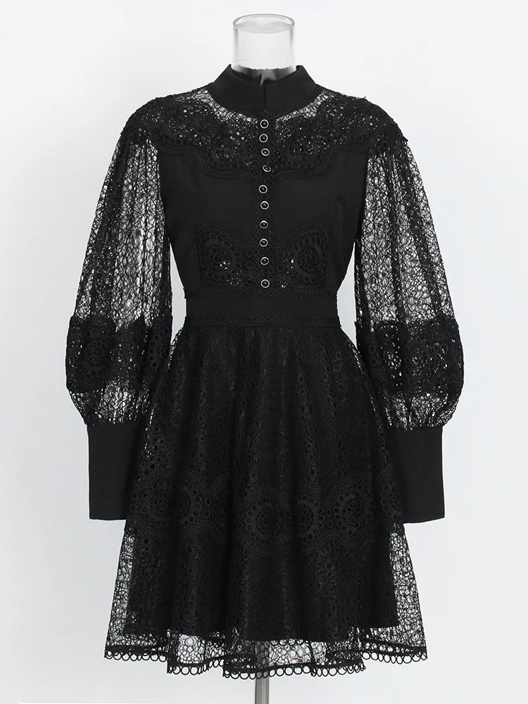 Elegant Black Hollow Out Mesh Dress for Women - Stand Collar Long Sleeve High Waist Vintage Fashion Dress | Perfect for Evening Parties, Date Nights & Special Occasions