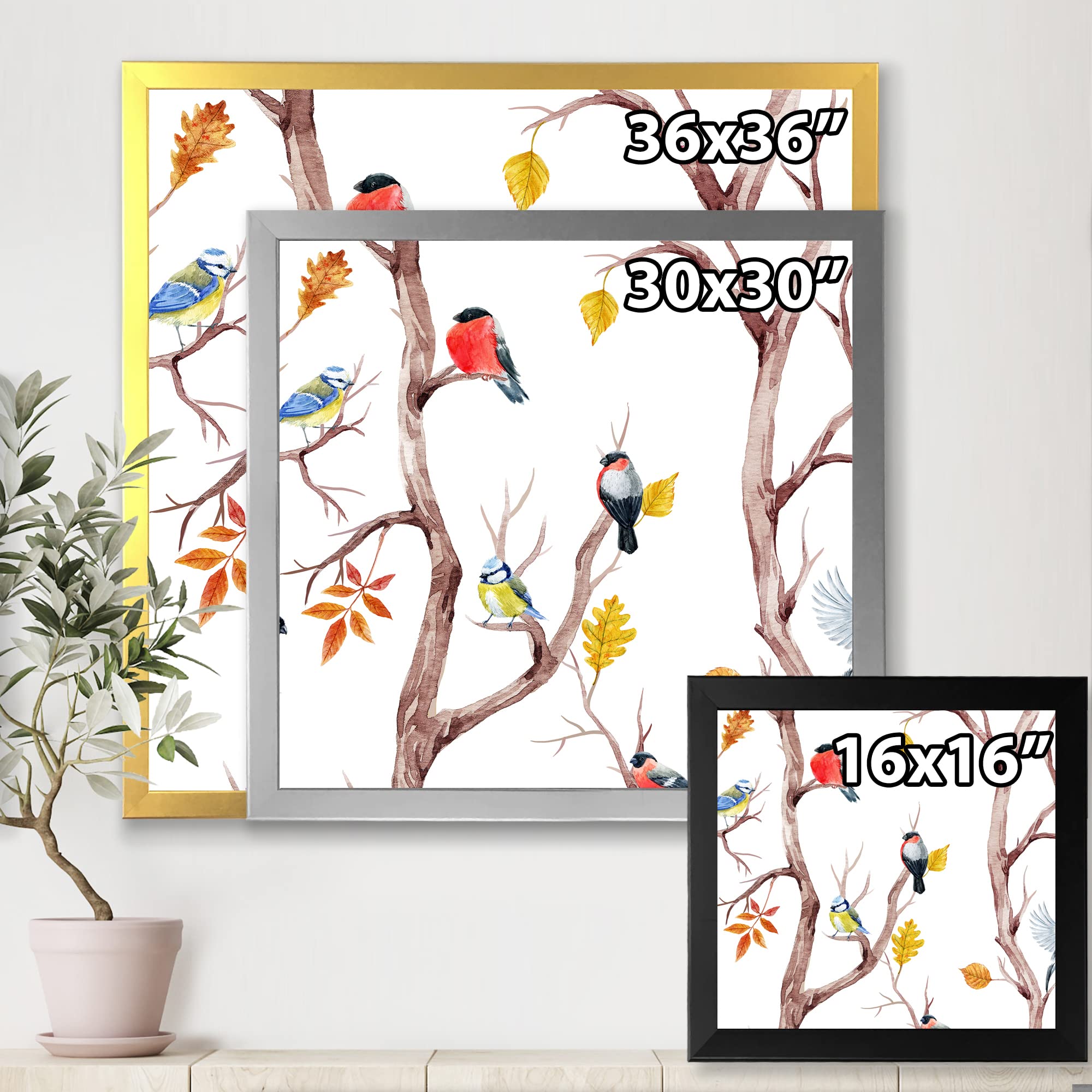 DesignQ Fall Trees and Little Birds Traditional Framed Wall Art - Autumn Landscape Painting for Home Decor, Living Room, Bedroom & Office