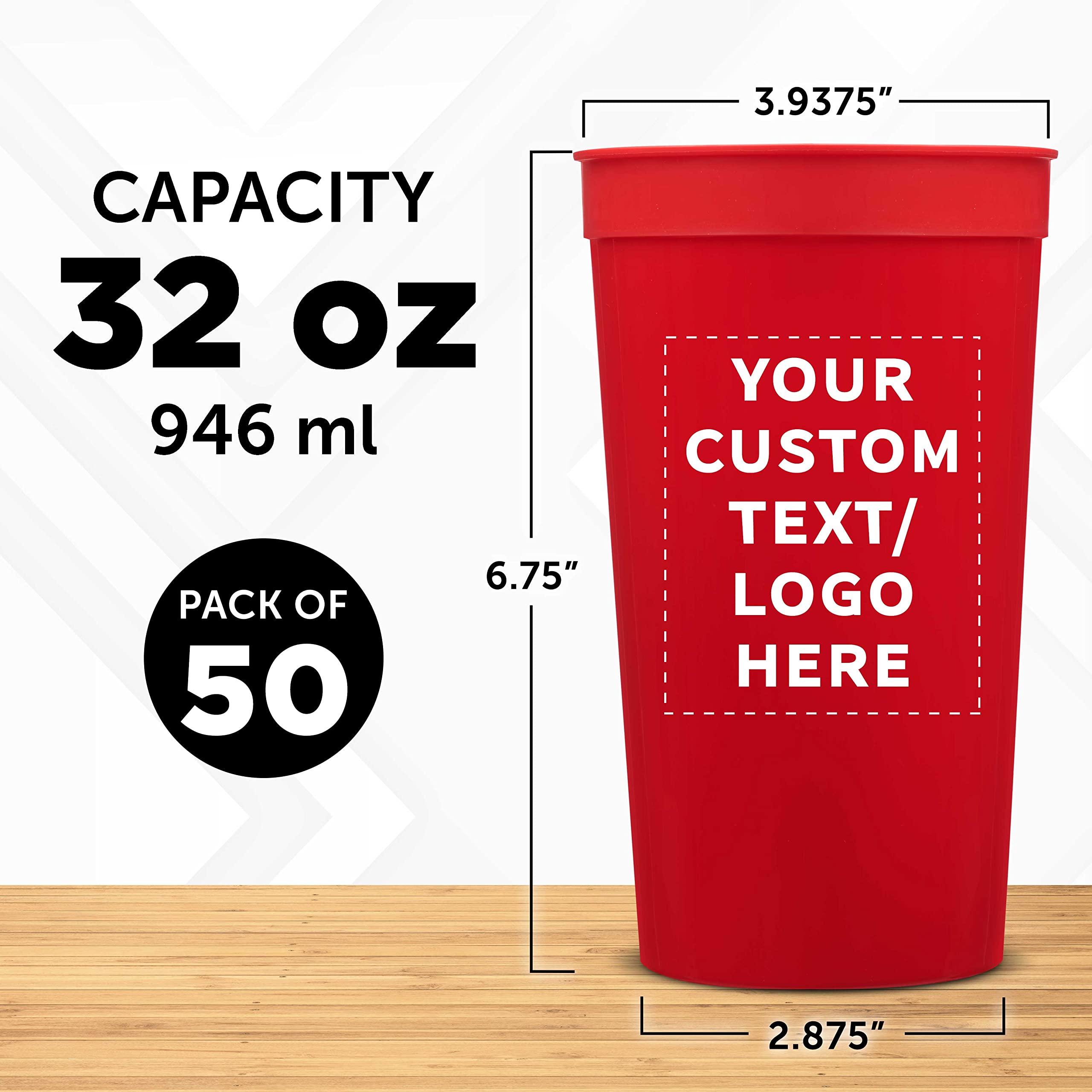 Custom 32 oz Plastic Stadium Cups - Bulk Pack of 50 Personalized Cups for Sports Events, Parties, Beach Picnics & Summer Celebrations - Durable Red Drinkware for Tailgating, BBQs, and Outdoor Gatherings
