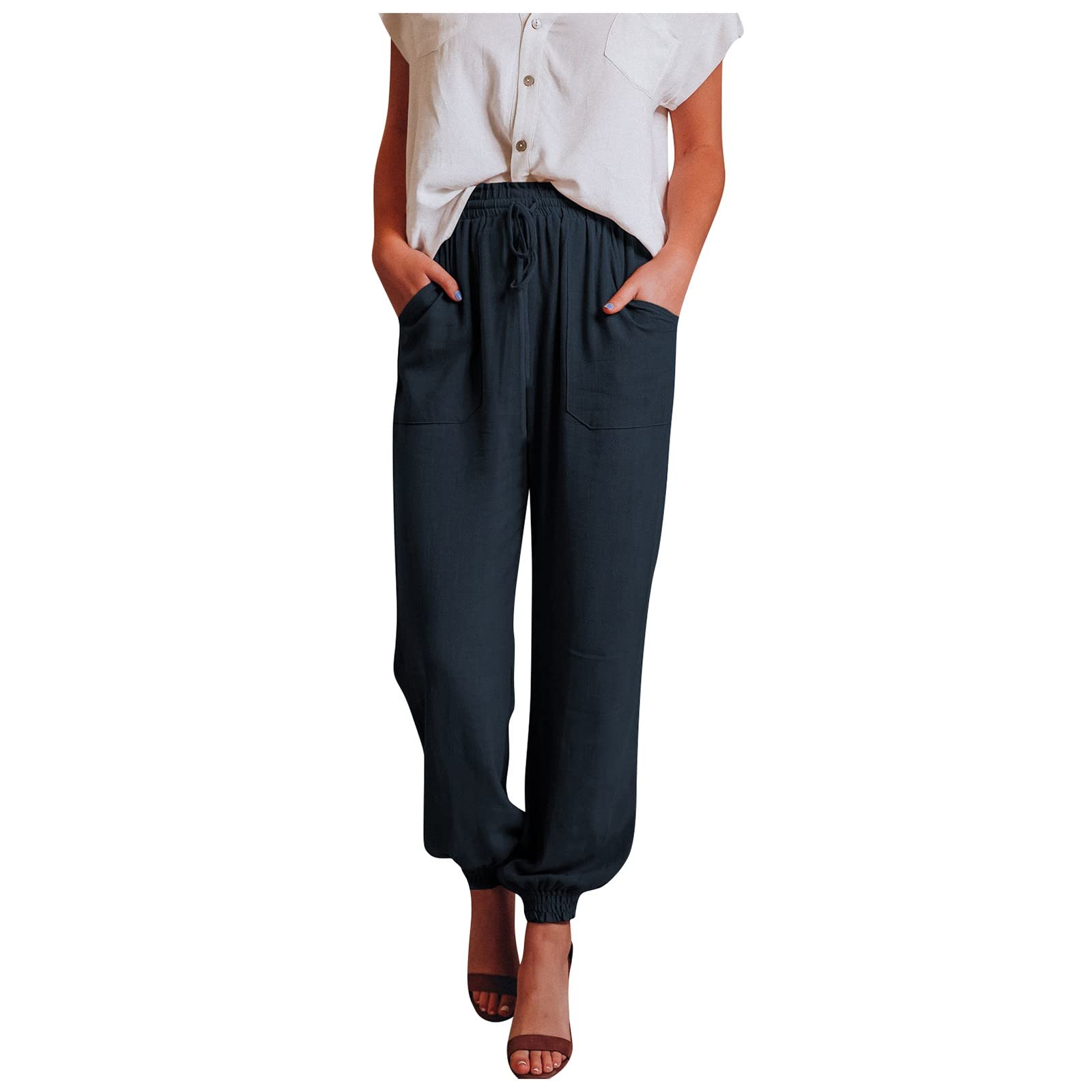 RIJJTRP Women's Work Pants - Solid Color Casual Trousers with Stitching Pockets & Lace-Up Design, Flowy Fit for Office, Business Casual & Everyday Wear