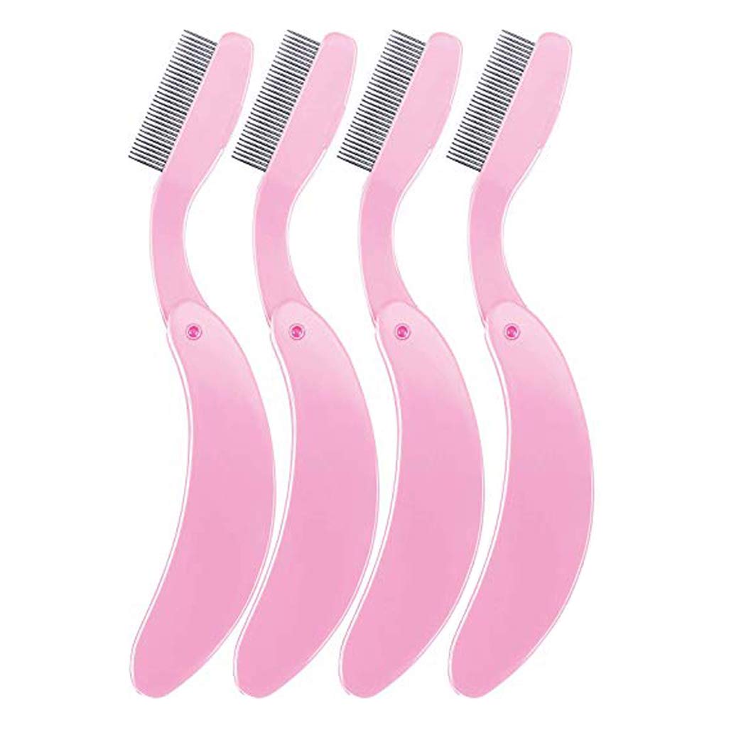 4 Pack Stainless Steel Eyelash & Eyebrow Comb - Professional Lash & Brow Makeup Tool with Folding Design (Pink) - Perfect for Salon, Travel & Home Makeup Kits