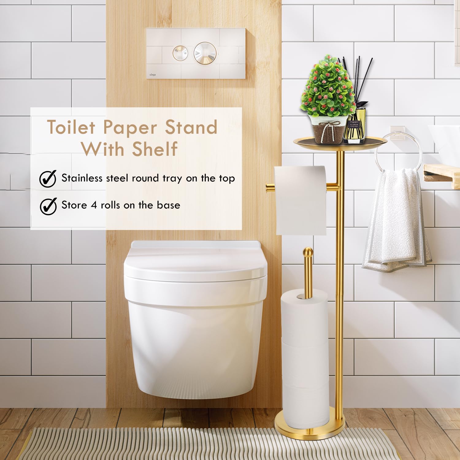 Freestanding Toilet Paper Holder with Large Shelf - Modern 4 Roll Reserve Stand with Storage Space for Phones (Gold) | Bathroom Organizer for Home & Office Use