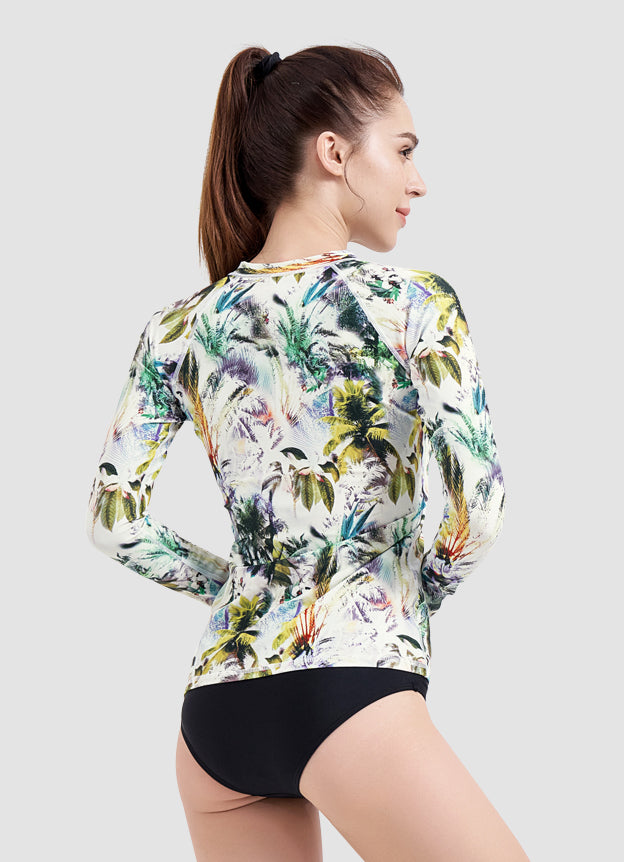 UPF 50+ Coconut Palm Long Sleeve Zip Rash Guard for Men & Women - Sun Protection Swim Shirt for Surfing, Swimming, Beach & Outdoor Activities