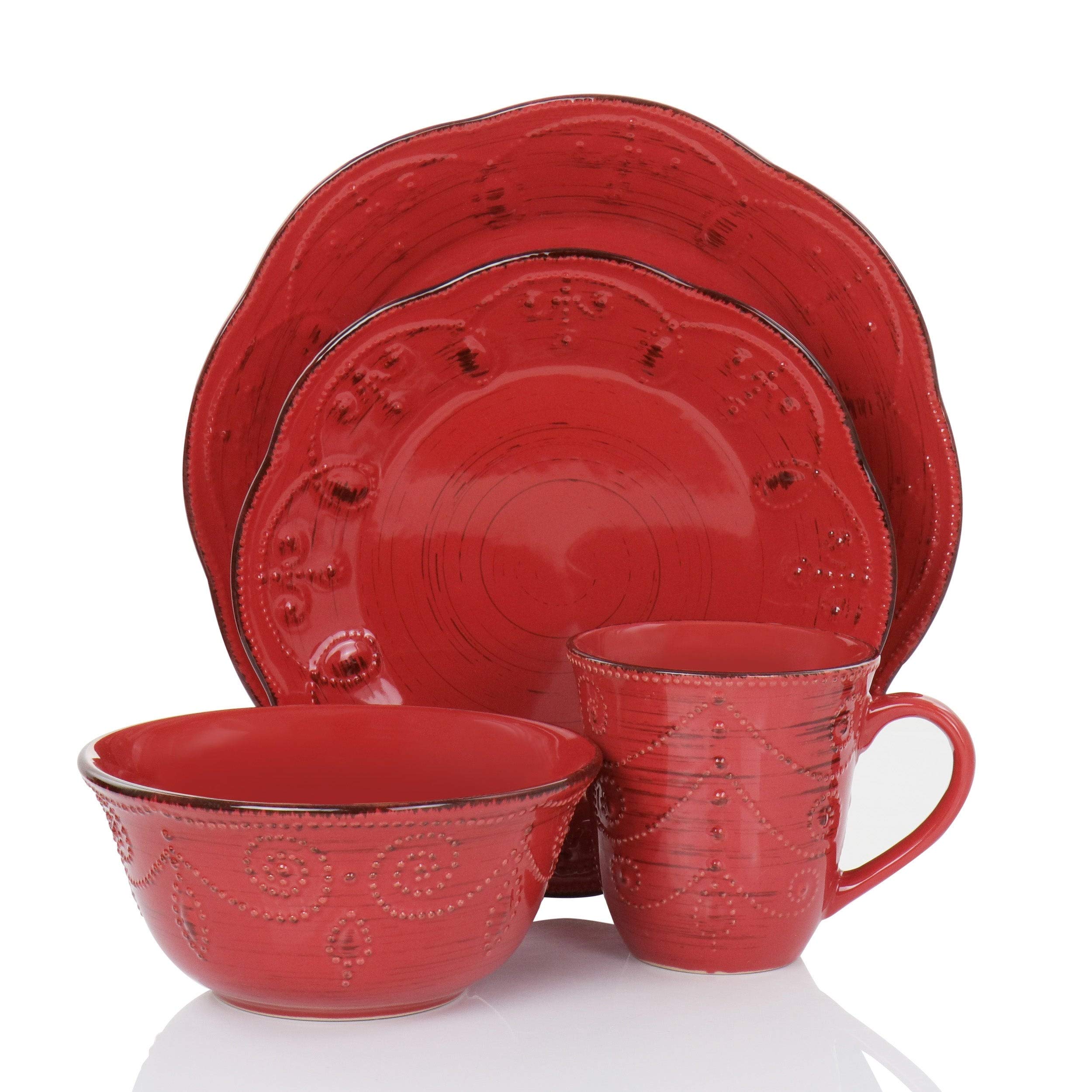 Rustic Birch 16-Piece Stoneware Dinnerware Set - Red Casual Round Plates & Bowls, Microwave & Dishwasher Safe for Everyday Dining | Perfect for Family Meals, Dinner Parties & Restaurant Use