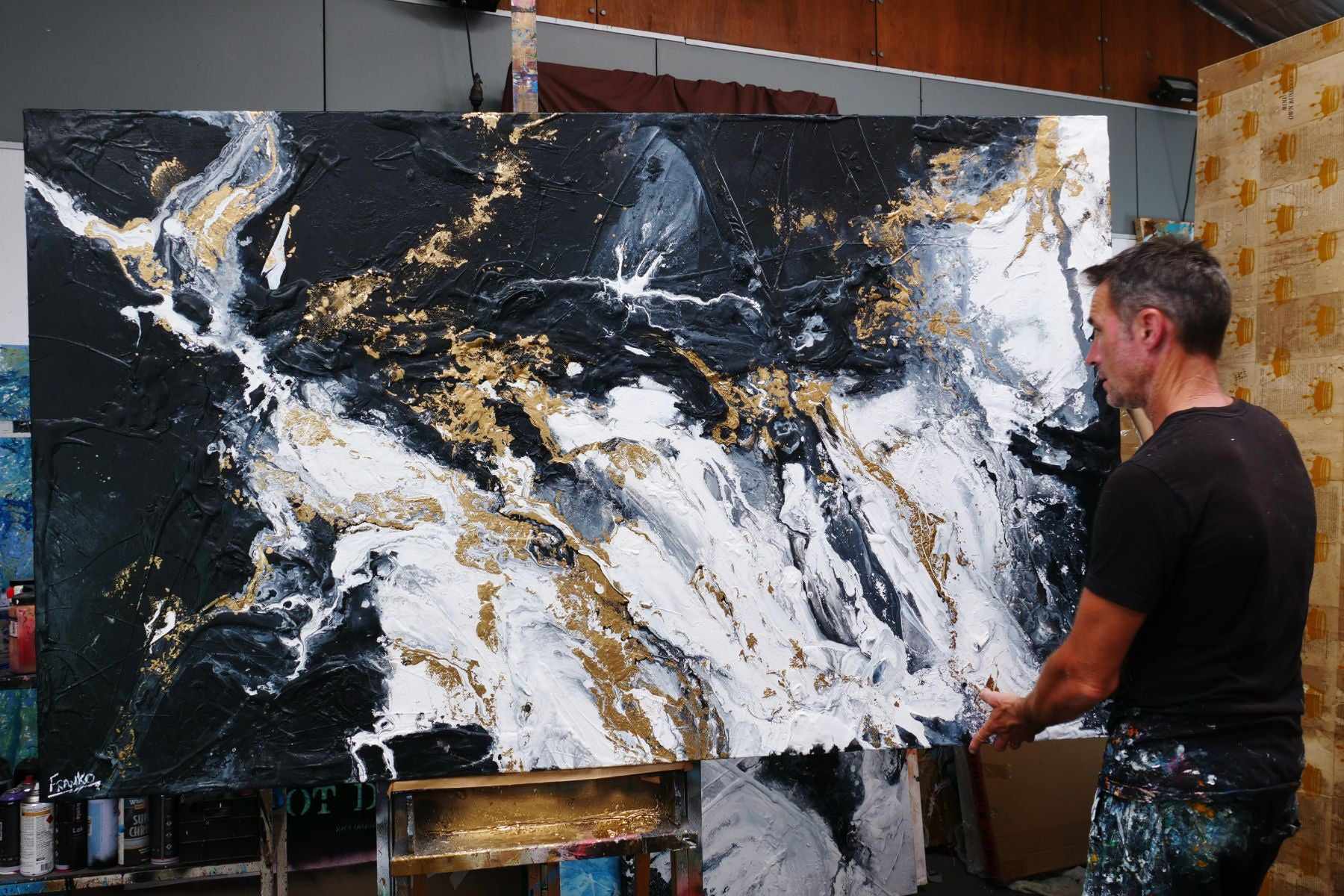 200cm x 120cm Black White Gold Textured Abstract Canvas Wall Art - Modern Luxury Home Decor for Living Room, Bedroom & Office