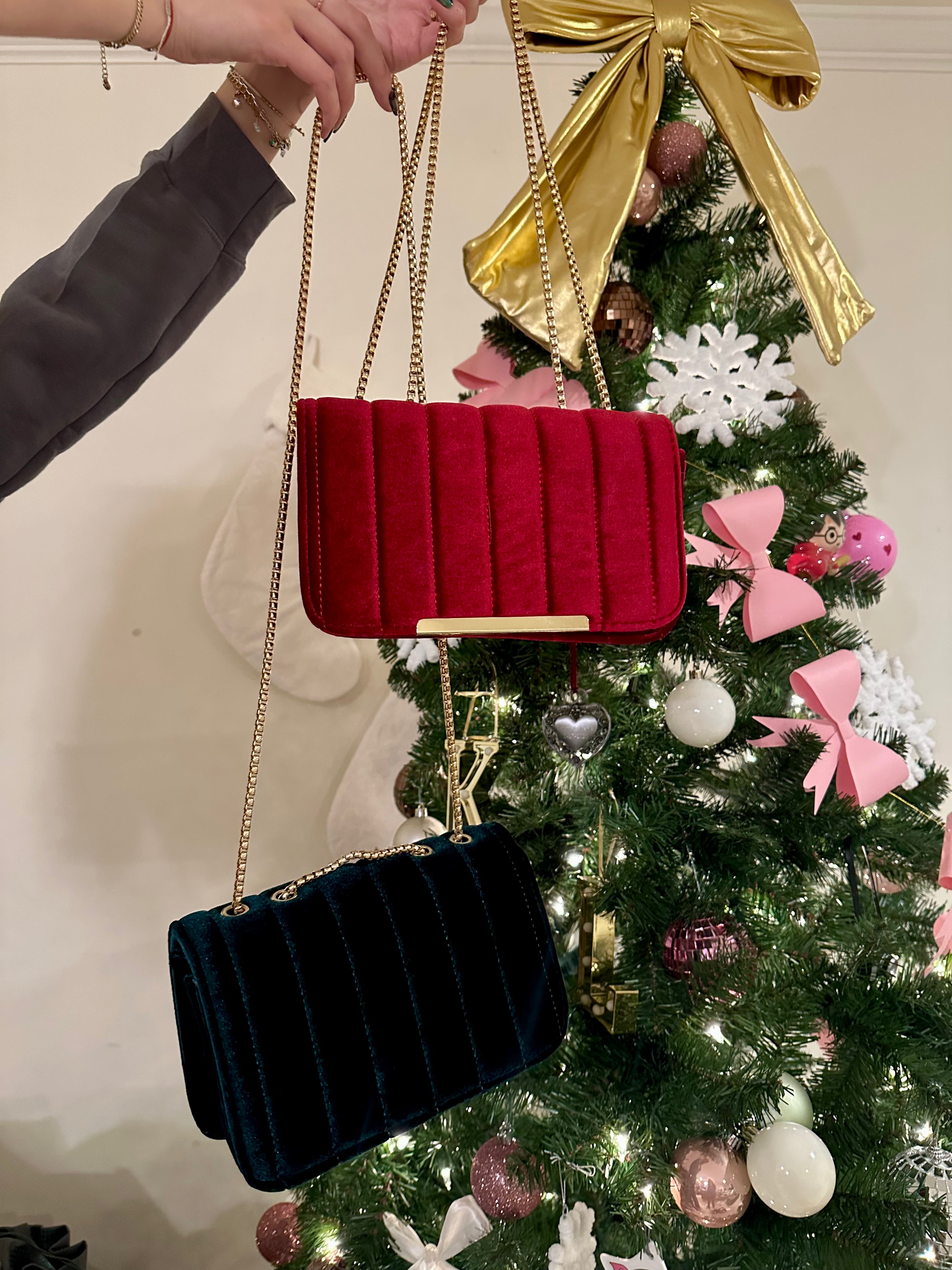 Luxury Velvet Fold Down Handbag for Women - Elegant Red or Hunter Green Options | Perfect for Parties, Weddings & Evening Events