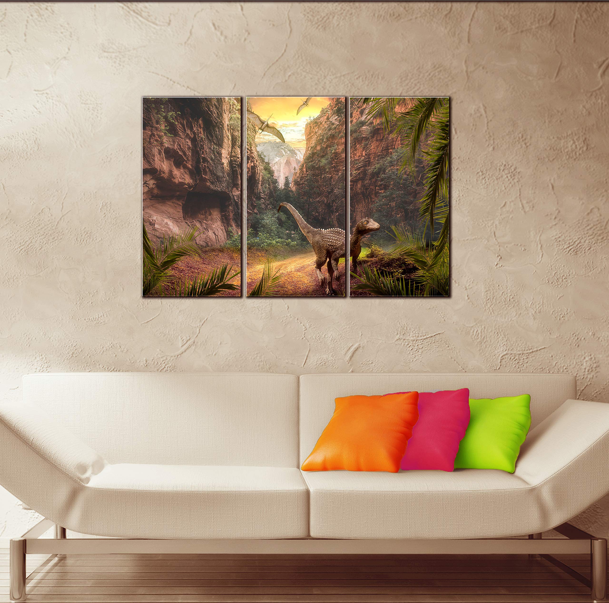 3-Piece Dinosaur Wall Art Canvas Print Set - Large 22x33 Inch Nature Theme Wall Decor for Living Room, Nursery & Kids Bedroom - Wild Animal Picture Painting Poster for Home & Office Decoration