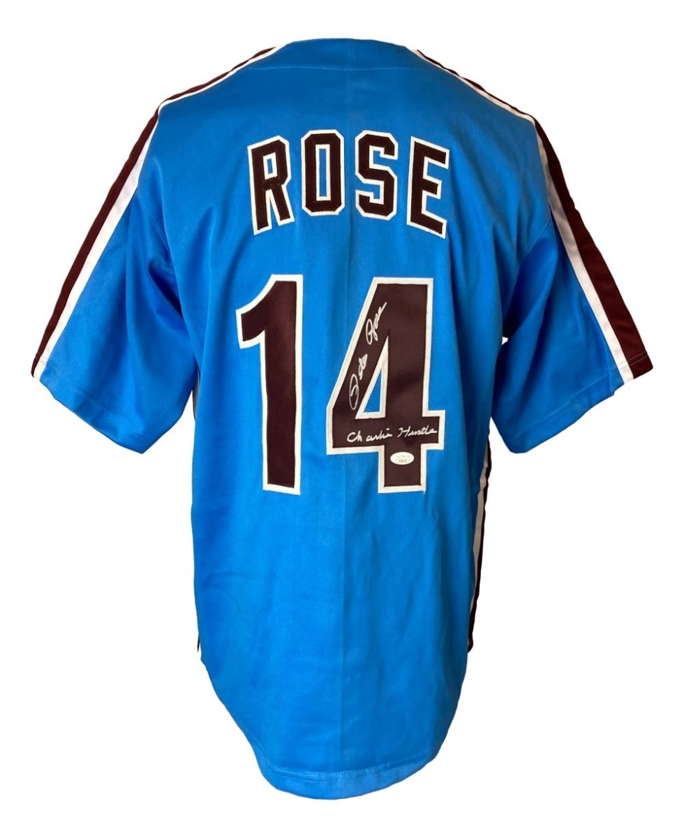 Pete Rose Philadelphia Phillies Signed Blue Baseball Jersey with JSA Hologram - Authentic Charlie Hustle Memorabilia for Sports Collectors and Baseball Fans - Perfect for Display in Man Cave, Sports Bar, or Collector's Showcase