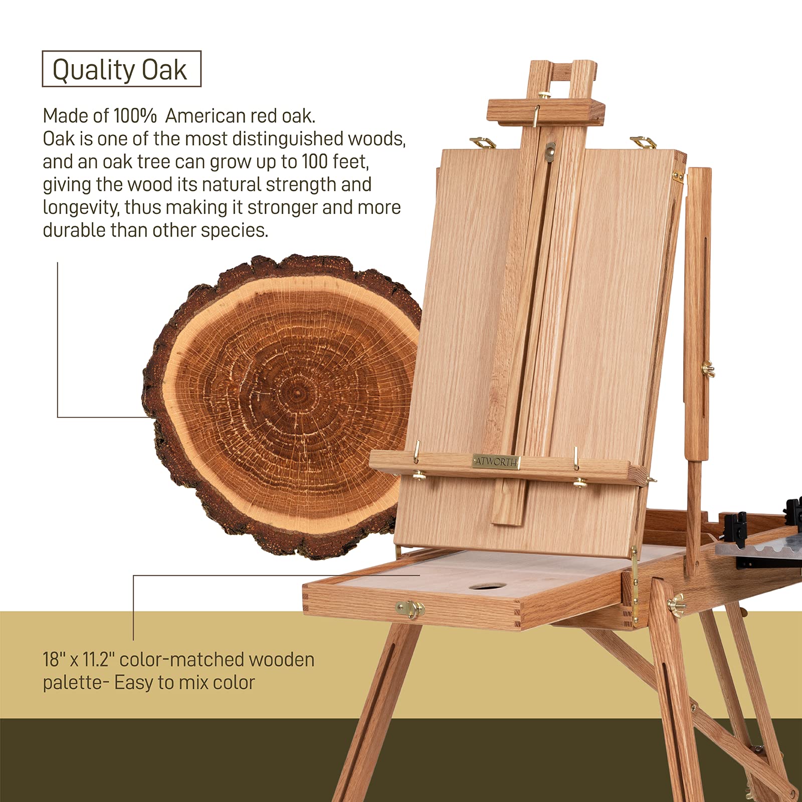 Deluxe Oak Wood French Easel for Painting - Portable Studio & Field Sketchbox Easel Stand with Metal Side Tray, Tabletop & Tripod Floor Use, Holds 34