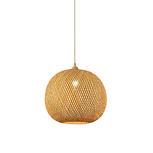 LITFAD Hand-Woven Asian Style Bamboo Pendant Light - Adjustable Cord 1 Bulb Hanging Fixture in Beige for Dining Room, Living Room, Restaurant - Perfect for Boho Decor, Zen Atmosphere & Cozy Home Lighting