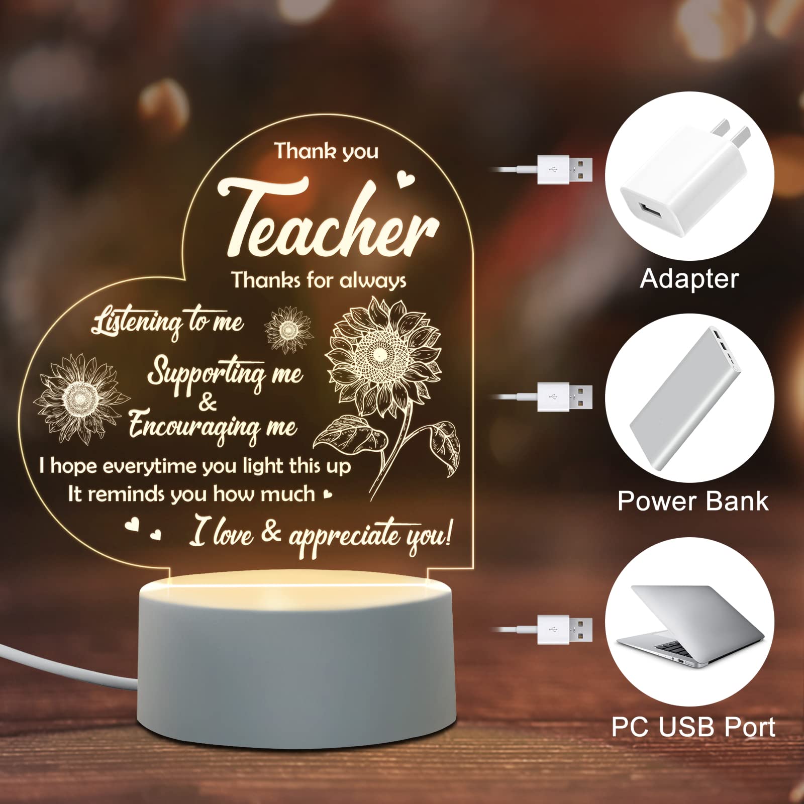 Personalized Engraved Teacher Night Light - Thoughtful Teacher Appreciation Gift for Women, Birthday, Retirement, Farewell, Thank You Present from Students - Perfect for Classroom Decor, Desk Lighting & Heartwarming Surprises