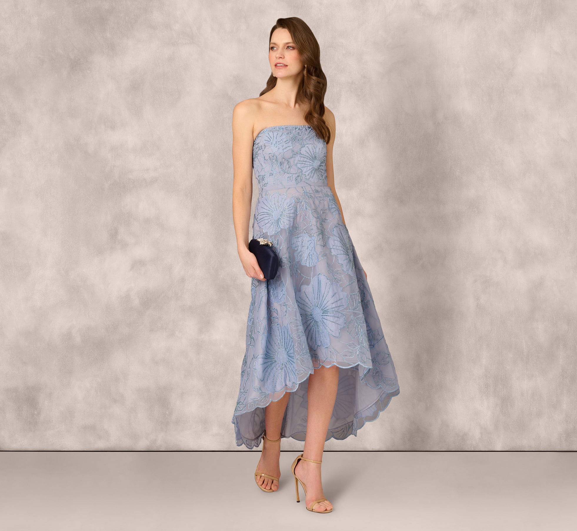 Strapless Floral Embroidered High-Low Midi Dress in Blue - Elegant Summer Wedding Guest Dress for Beach Party & Cocktail Events