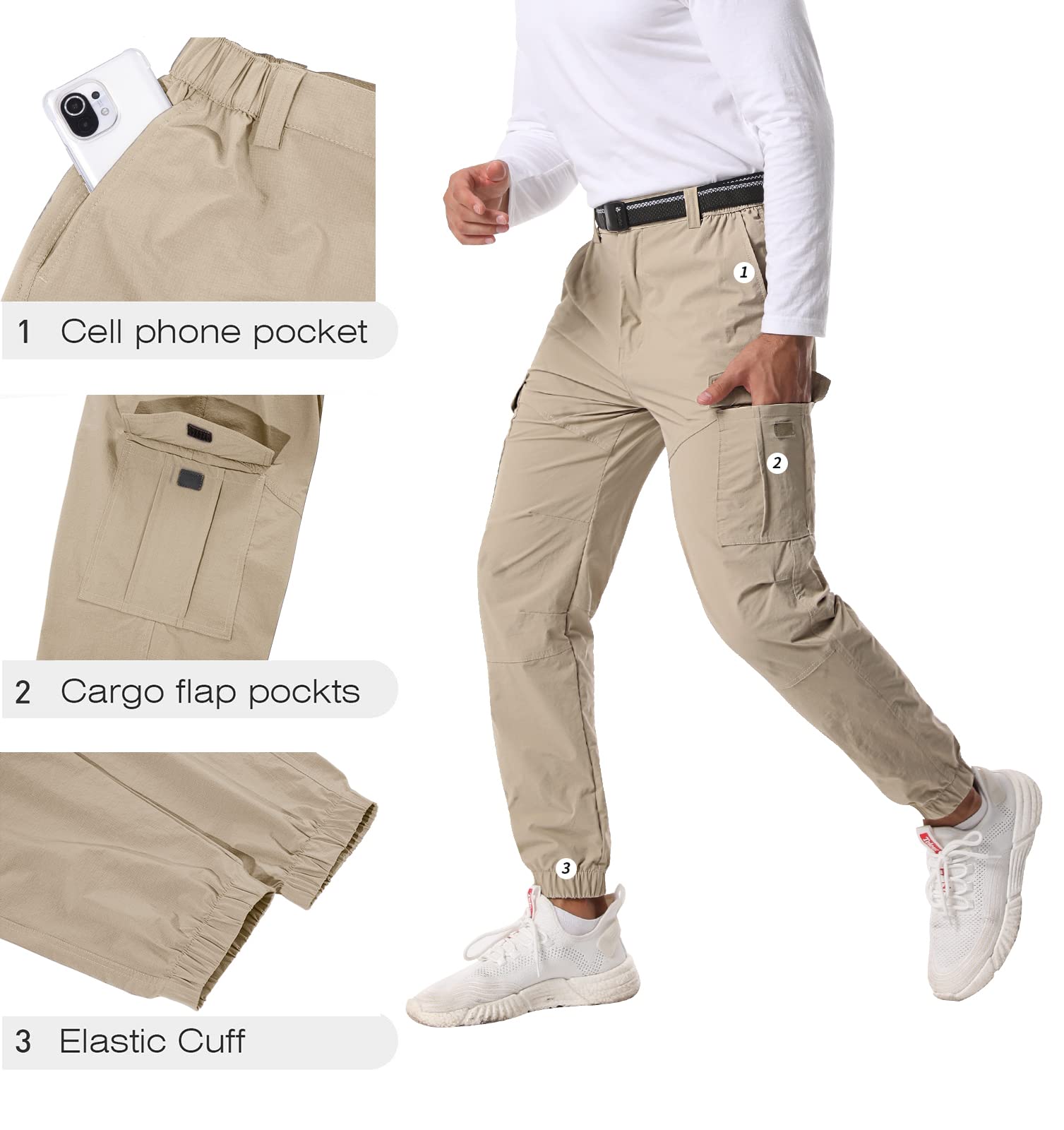 Men's Stretch Cargo Jogger Pants - Slim Fit 6 Pocket Waterproof Quick Dry Work Pants for Fishing, Hiking & Outdoor Activities