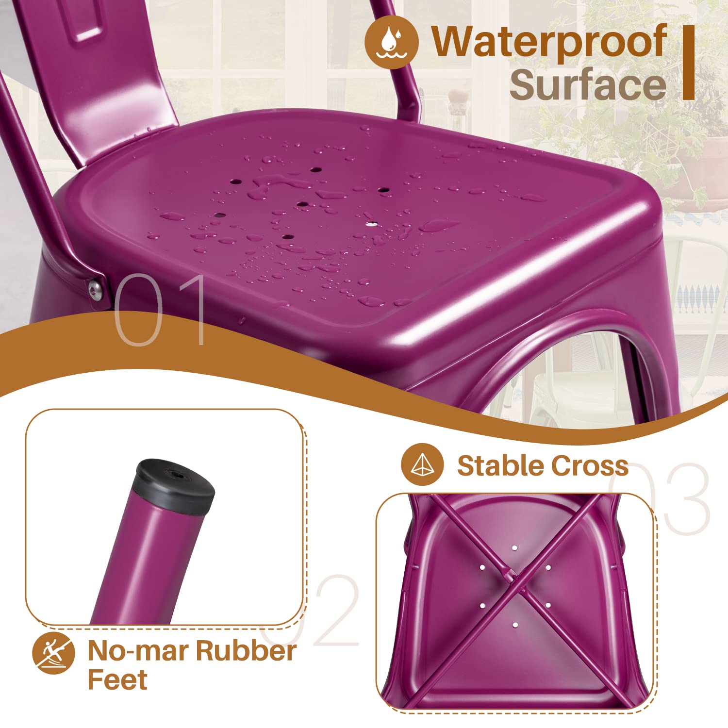 Furmax Metal Dining Chair Set of 4 - Stackable Indoor/Outdoor Bistro Chairs, Classic Trattoria Style for Cafe, Restaurant & Home - Purple | Perfect for Patio, Garden, Kitchen & Dining Room