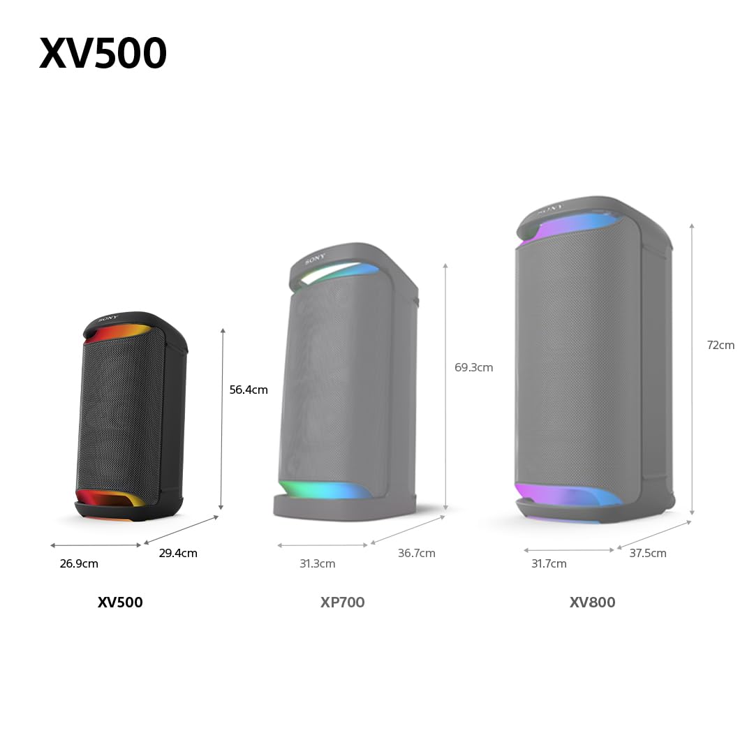 Sony SRS-XV500 Wireless Bluetooth Party Speaker with Powerful Sound, MEGA BASS, 25-Hour Battery - Portable Karaoke Speaker with LED Lights, IPX4 Waterproof, Mic/Guitar Inputs - Perfect for Outdoor Parties, Beach Trips & Home Entertainment (Black)
