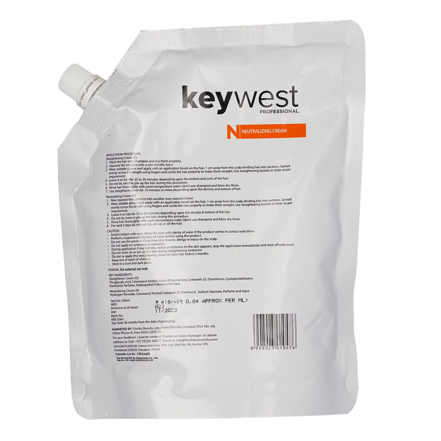Keywest Professional Hair Neutralizing Cream - 500ml | 2in1 Formula Hair Straightener & Hair Spa Treatment with Vitamin B5 | Smooths Curly & Resistant Hair | Salon-Quality Results for Home Use