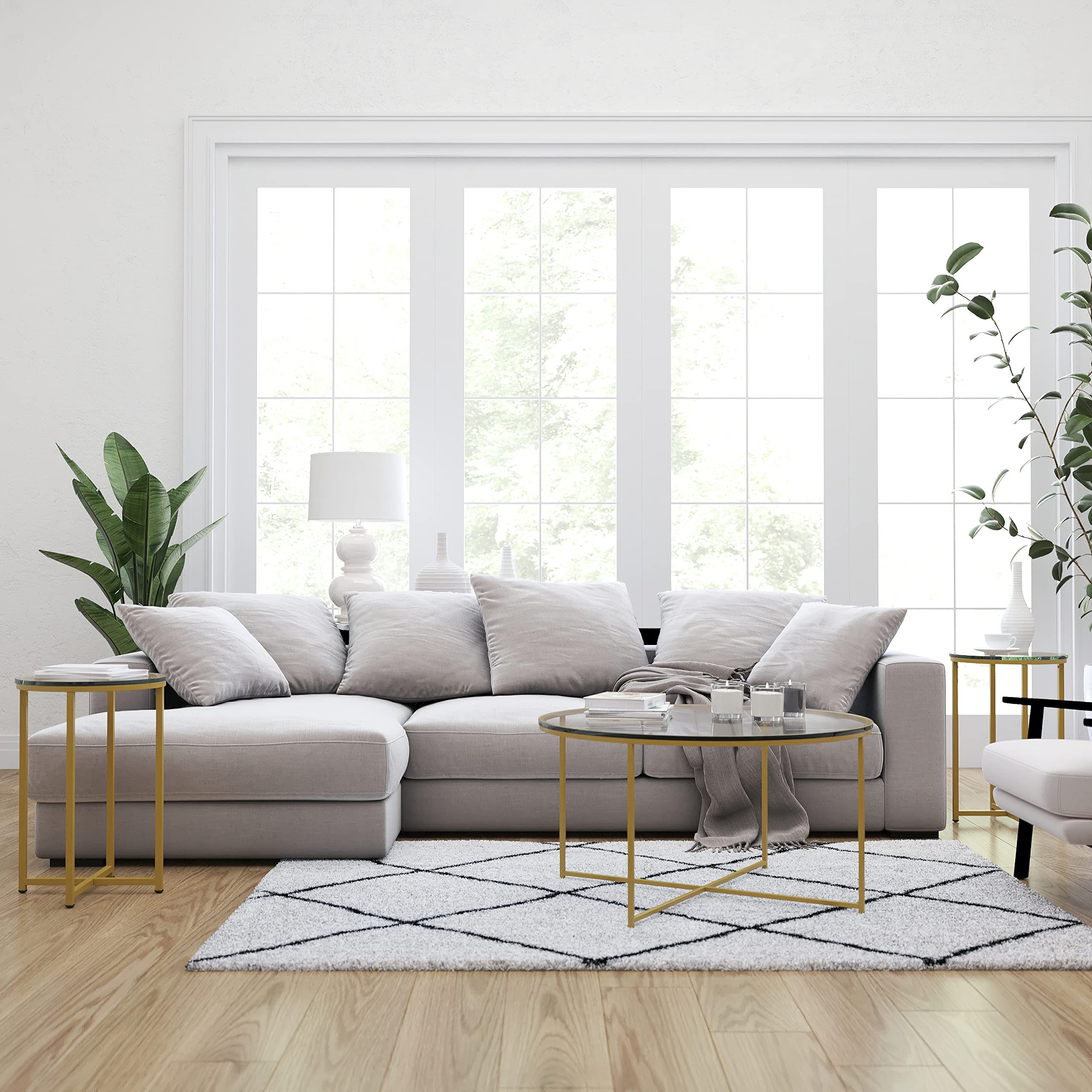 Merrick Lane Fairdale 3-Piece Round Coffee Table Set - Clear Glass Top with Matte Gold Crisscross Frame - Coffee Table & 2 End Tables - Perfect for Living Room, Lounge, and Modern Home Decor
