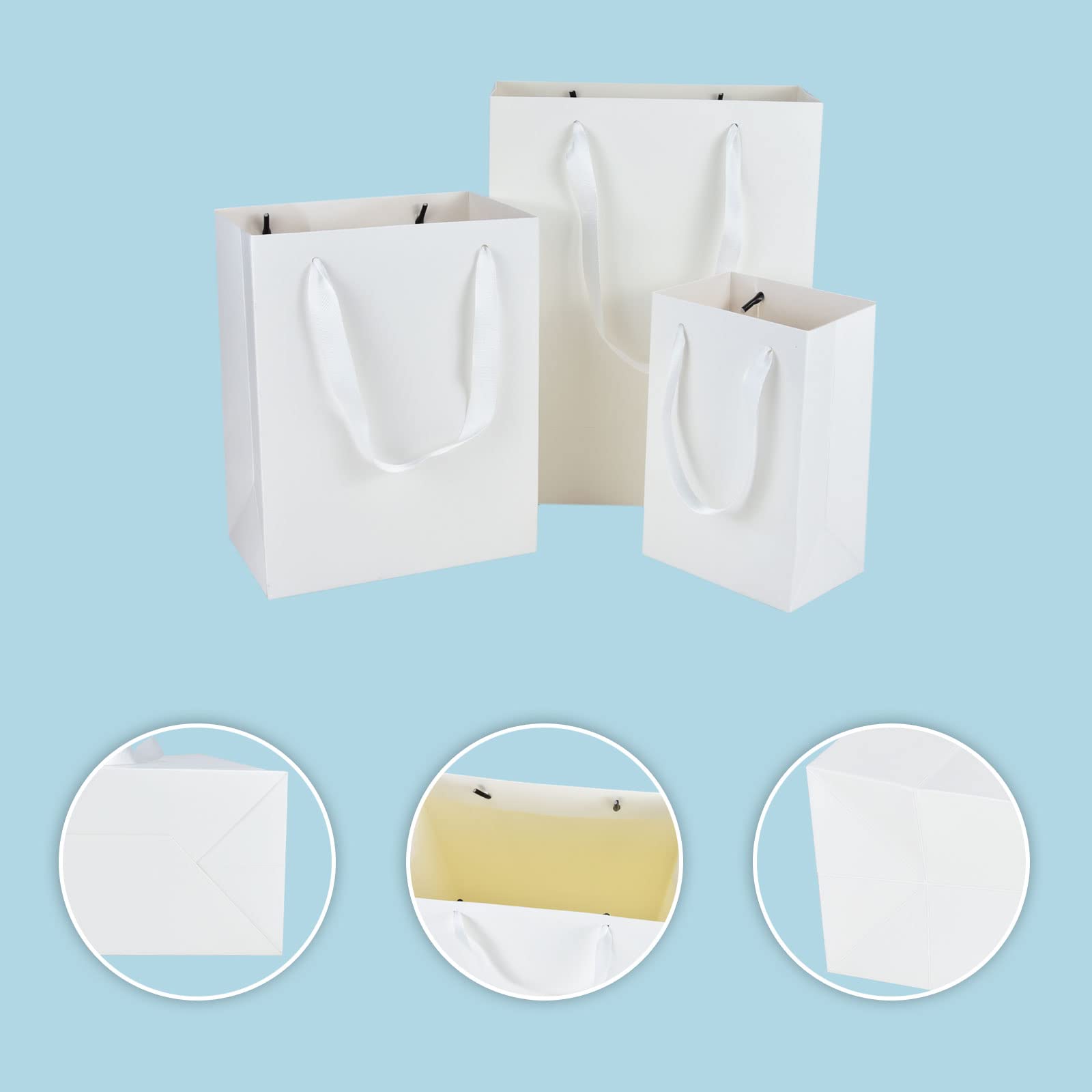 HUAPRINT 30 Pack Kraft Paper Bags - White Gift Bags with Handles, Shopping Bags for Retail (5.25X3.75X8, 8X5X10, 10X5X13 Inches, 10 Each) - Perfect for Merchandise Packaging, Party Favors & Boutique Stores
