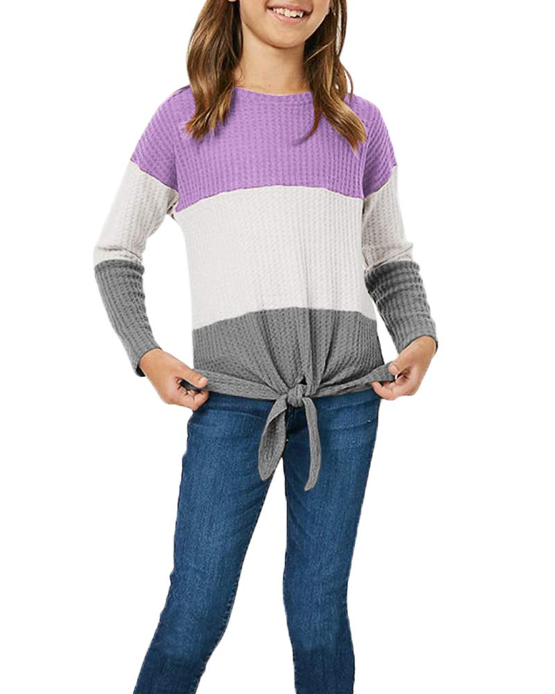 Girls Waffle Knit Colorblock Tie Top Long Sleeve T-Shirt | Casual Tunic Top for Kids | Perfect for School, Playdates & Family Outings