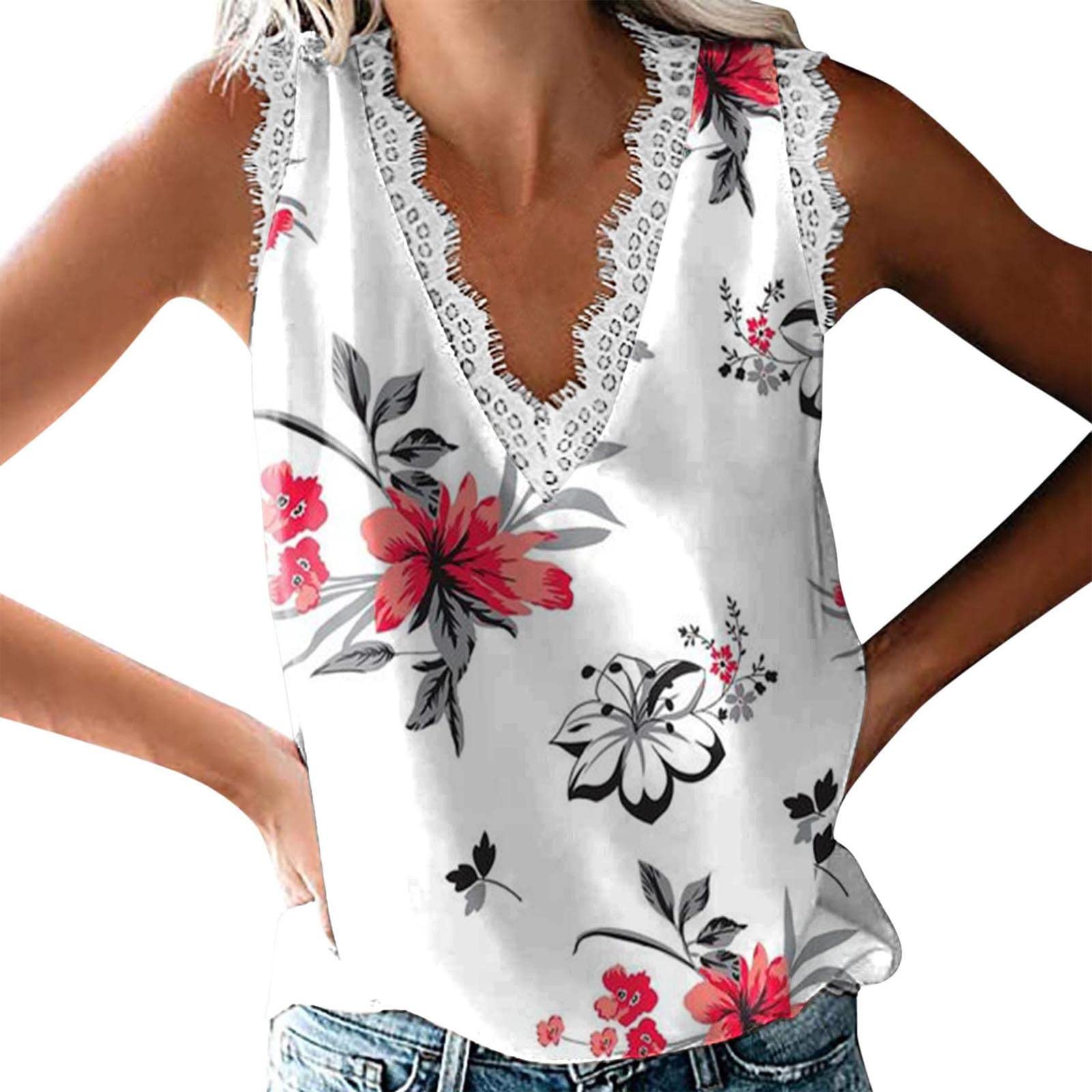 Women's Floral Tank Tops - Casual Summer Sleeveless V-Neck Lace Trim Camisole Shirts, Comfortable Loose Blouse Tunic Tee for Beach, Vacation & Everyday Wear